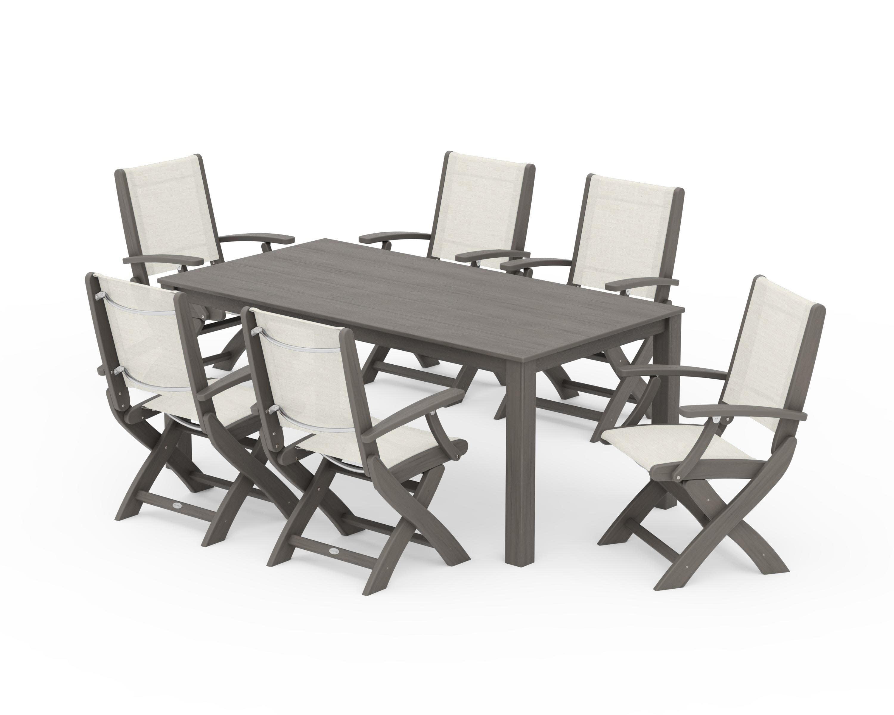 Coastal Folding Chair 7-Piece Parsons Dining Set in Driftwood / Parchment Sling
