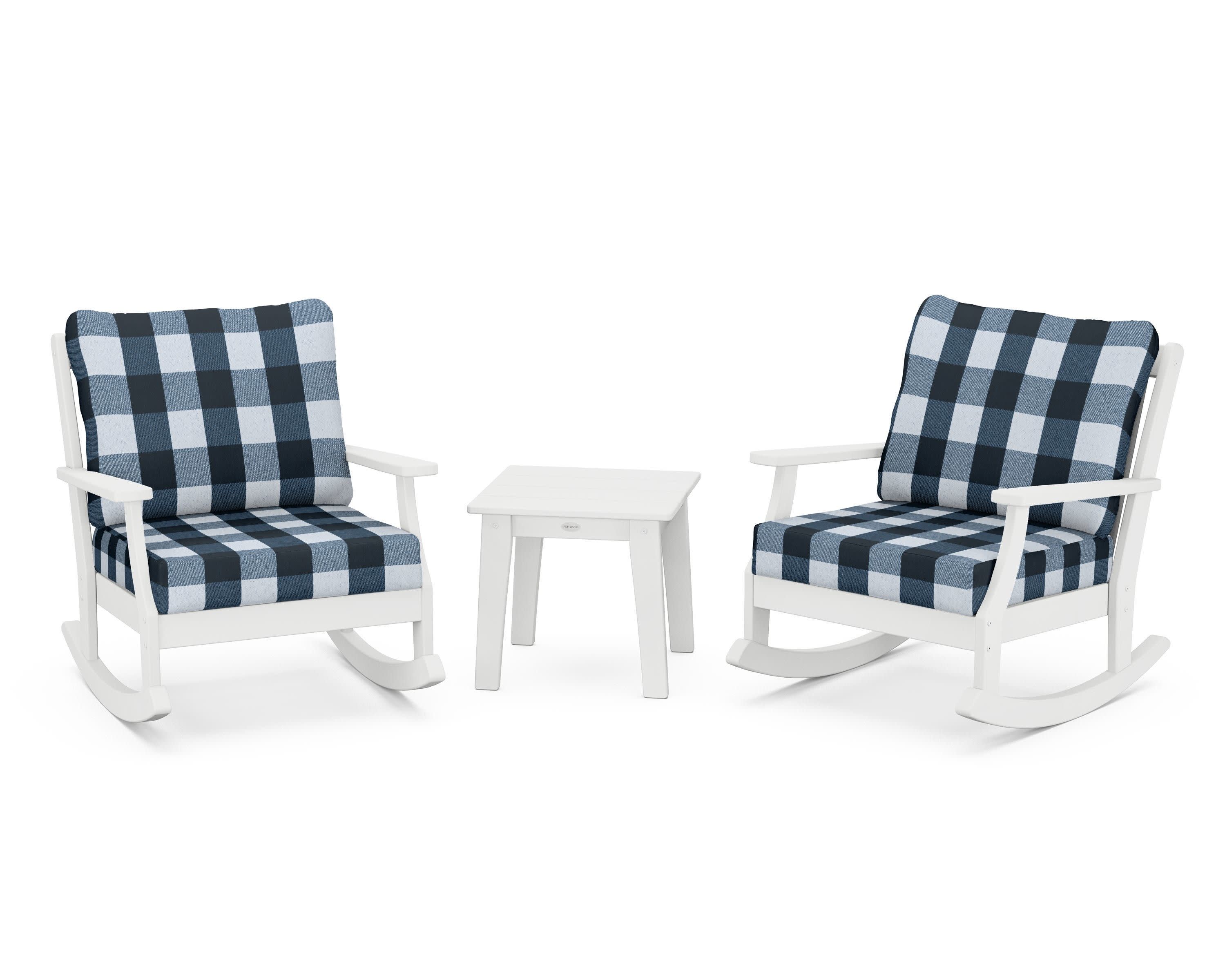 Braxton 3-Piece Deep Seating Rocker Set in White / Buffalo Plaid Marine Indigo