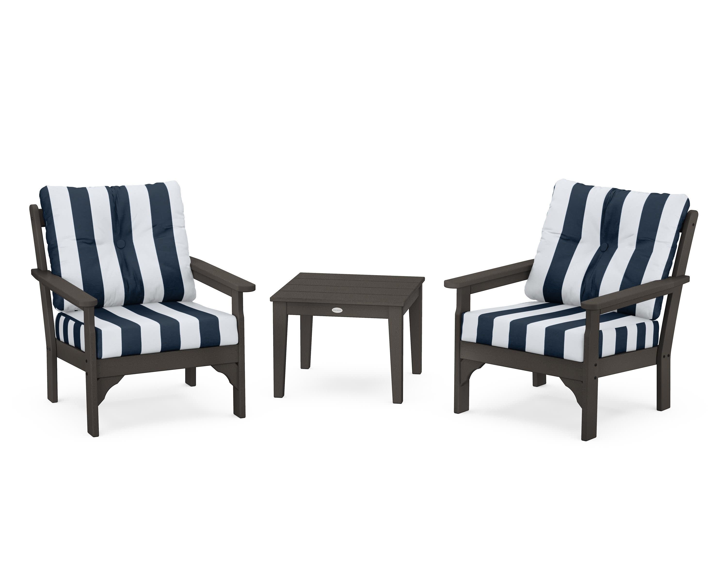 Vineyard 3-Piece Deep Seating Set in Vintage Coffee / Cabana Stripe Marine Indigo
