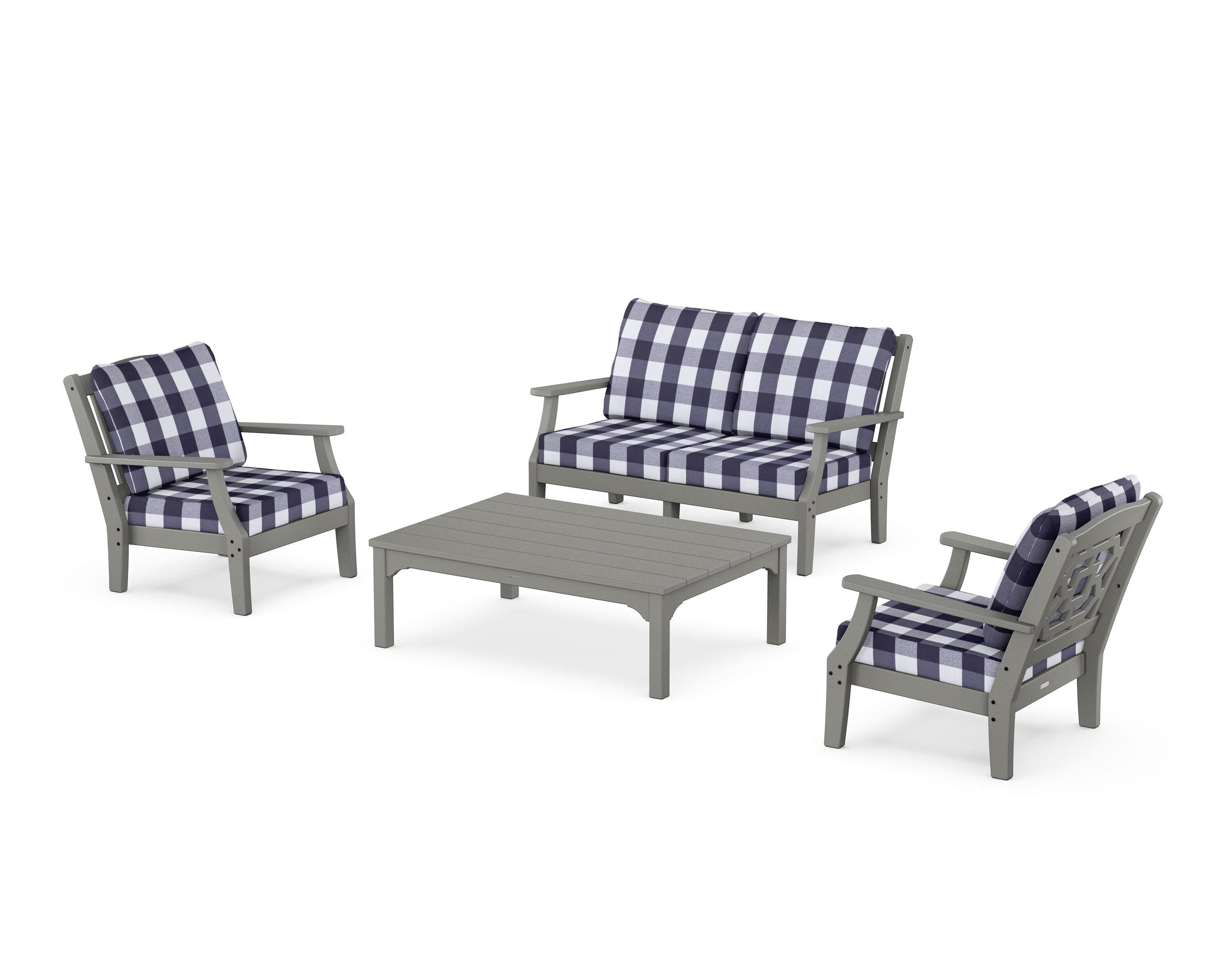 Chinoiserie 4-Piece Deep Seating Set with Loveseat in Slate Grey / Buffalo Plaid Navy
