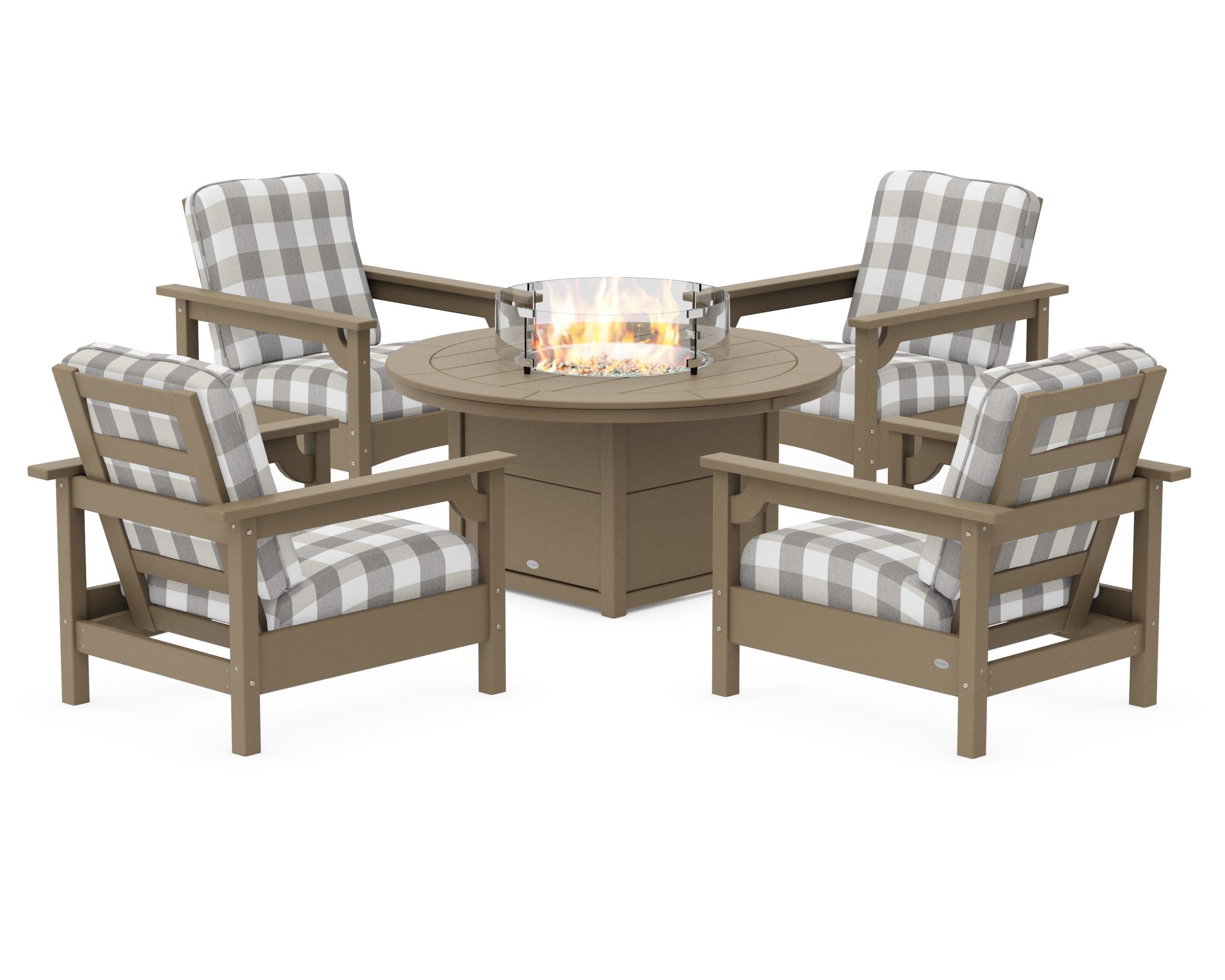 Club 5-Piece Conversation Set with Fire Pit Table in Vintage Sahara / Buffalo Plaid Grey Mist