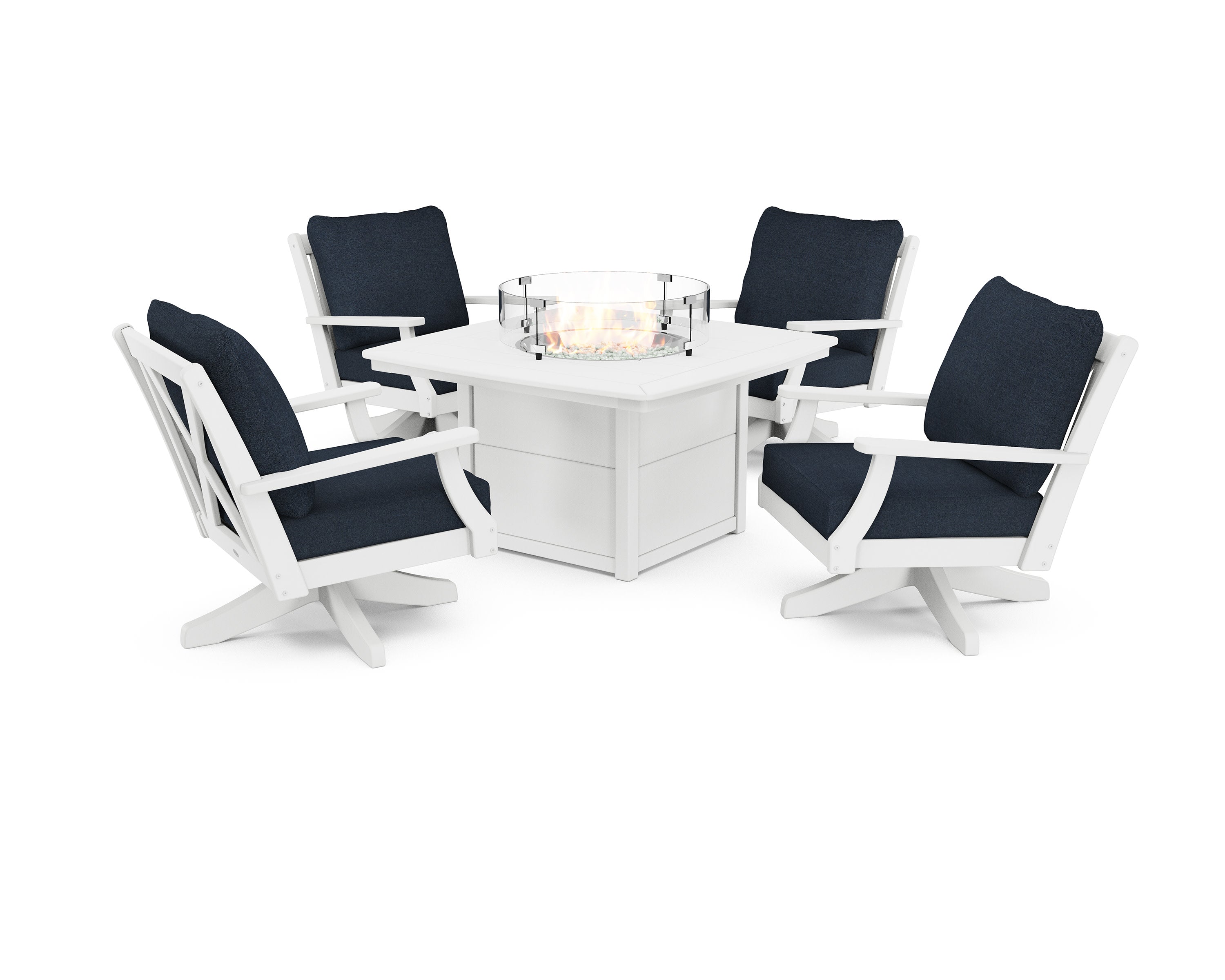 Braxton 5-Piece Deep Seating Swivel Conversation Set with Fire Pit Table in White / Marine Indigo