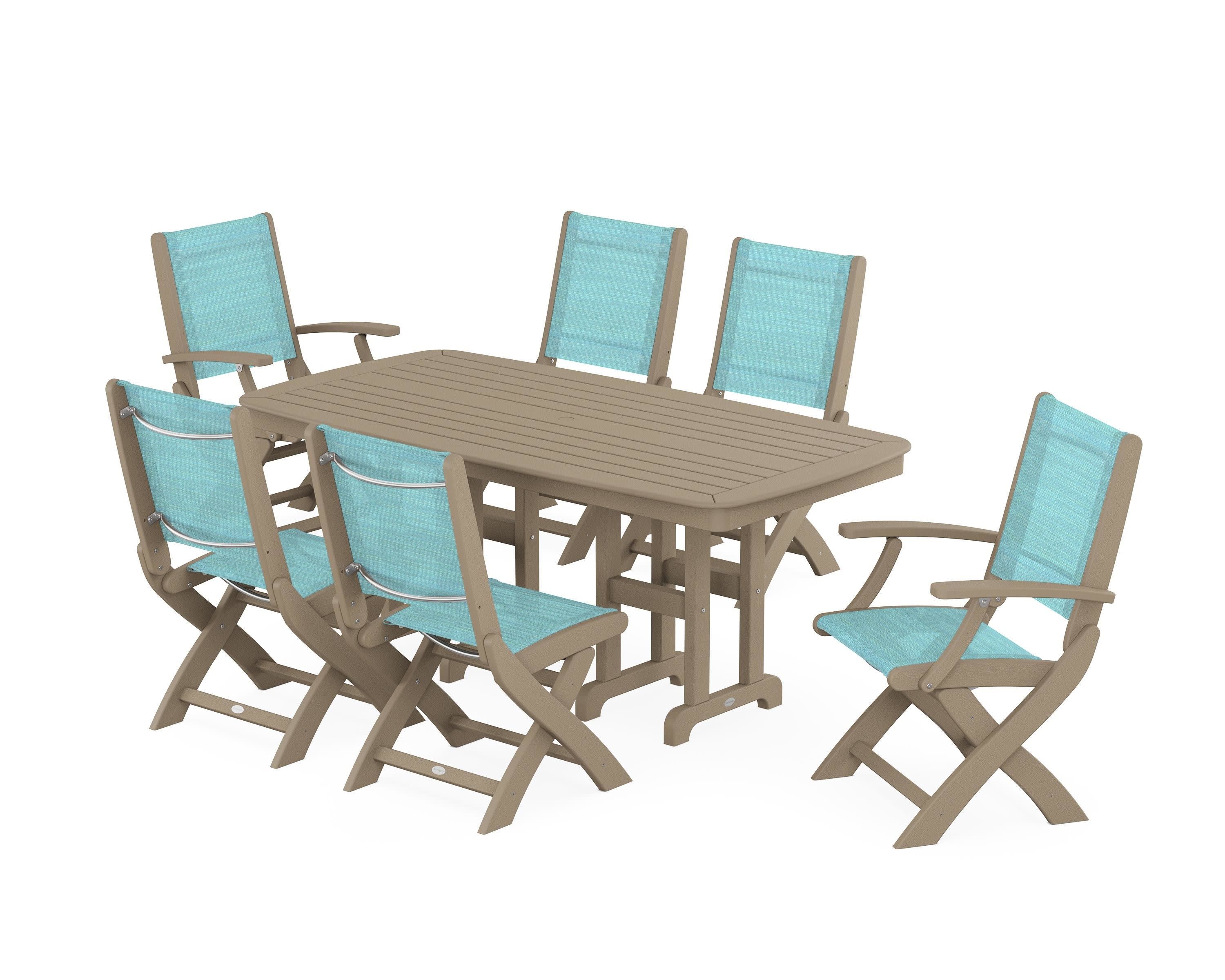 Coastal Folding Chair 7-Piece Dining Set in Vintage Sahara / Dupioni Aquamarine Sling