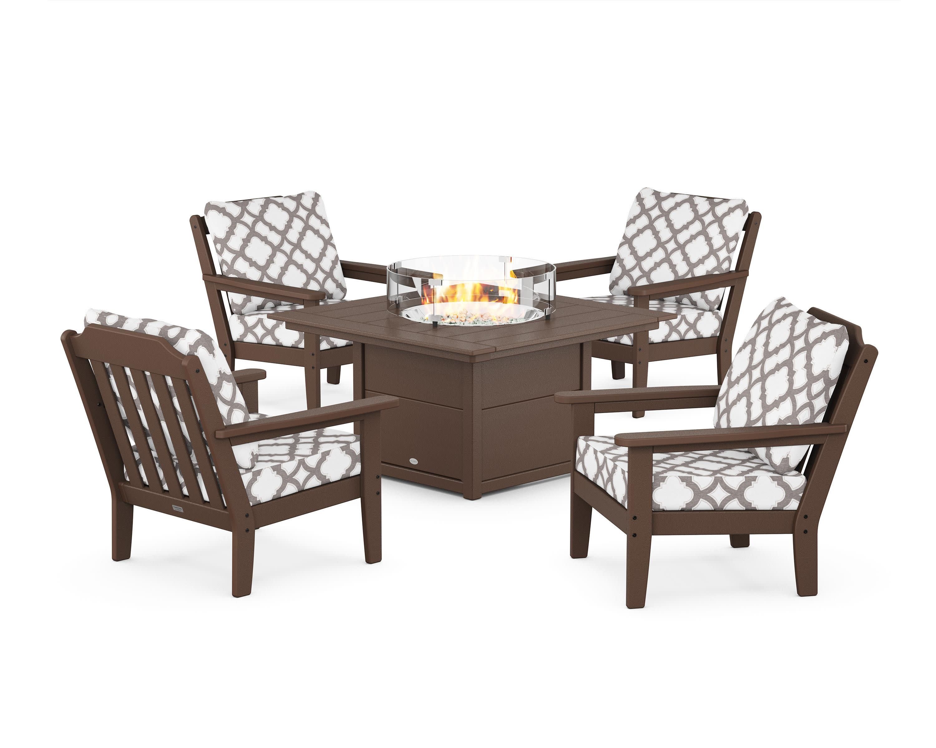Cottage 5-Piece Deep Seating Set with Fire Pit Table in Mahogany / Trellis Grey Mist