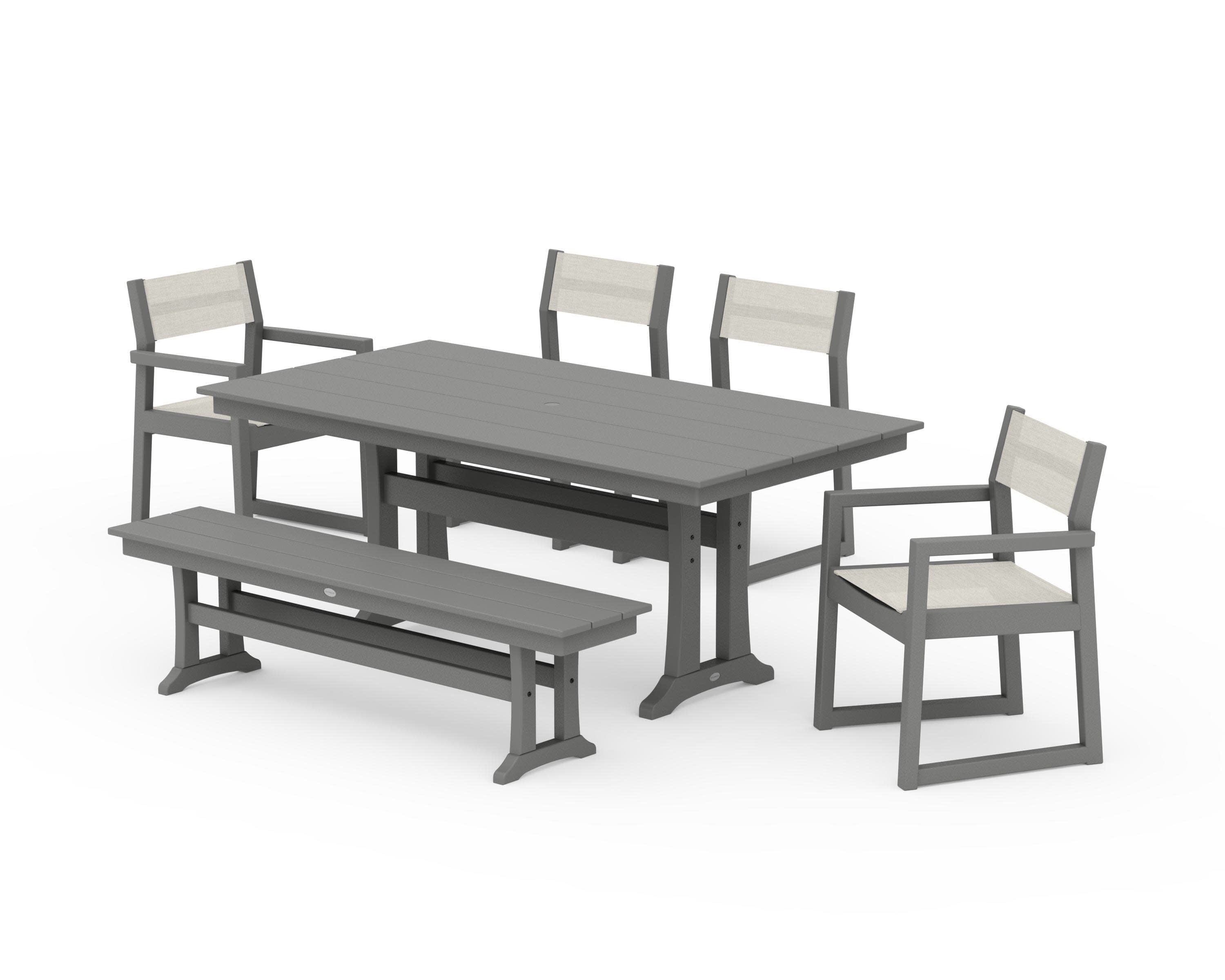EDGE Sling 6-Piece Farmhouse Dining Set With Trestle Legs in Slate Grey / Parchment Sling