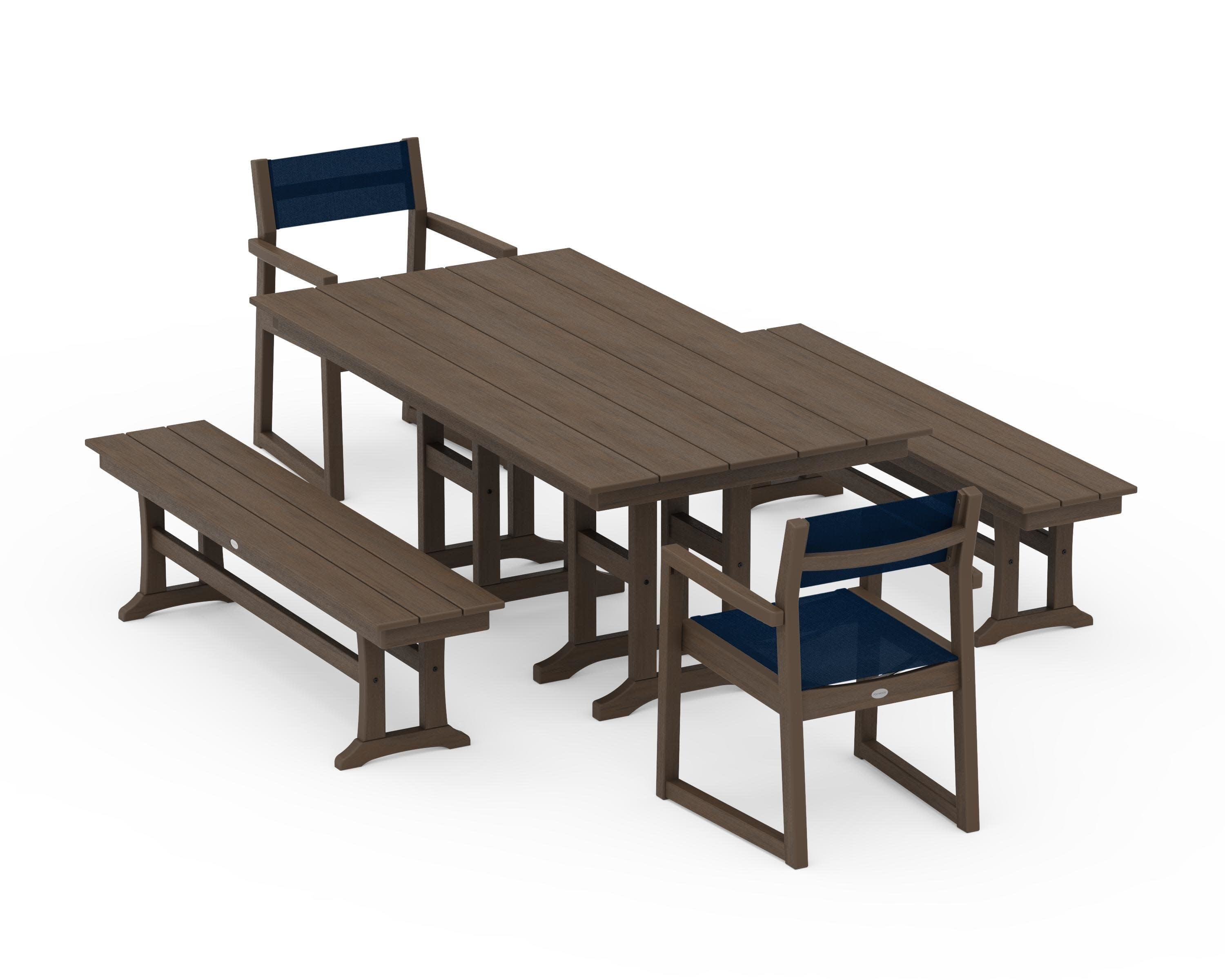 EDGE Sling Arm Chair 5-Piece Farmhouse Dining Set with Benches in Kona / Navy Blue Sling
