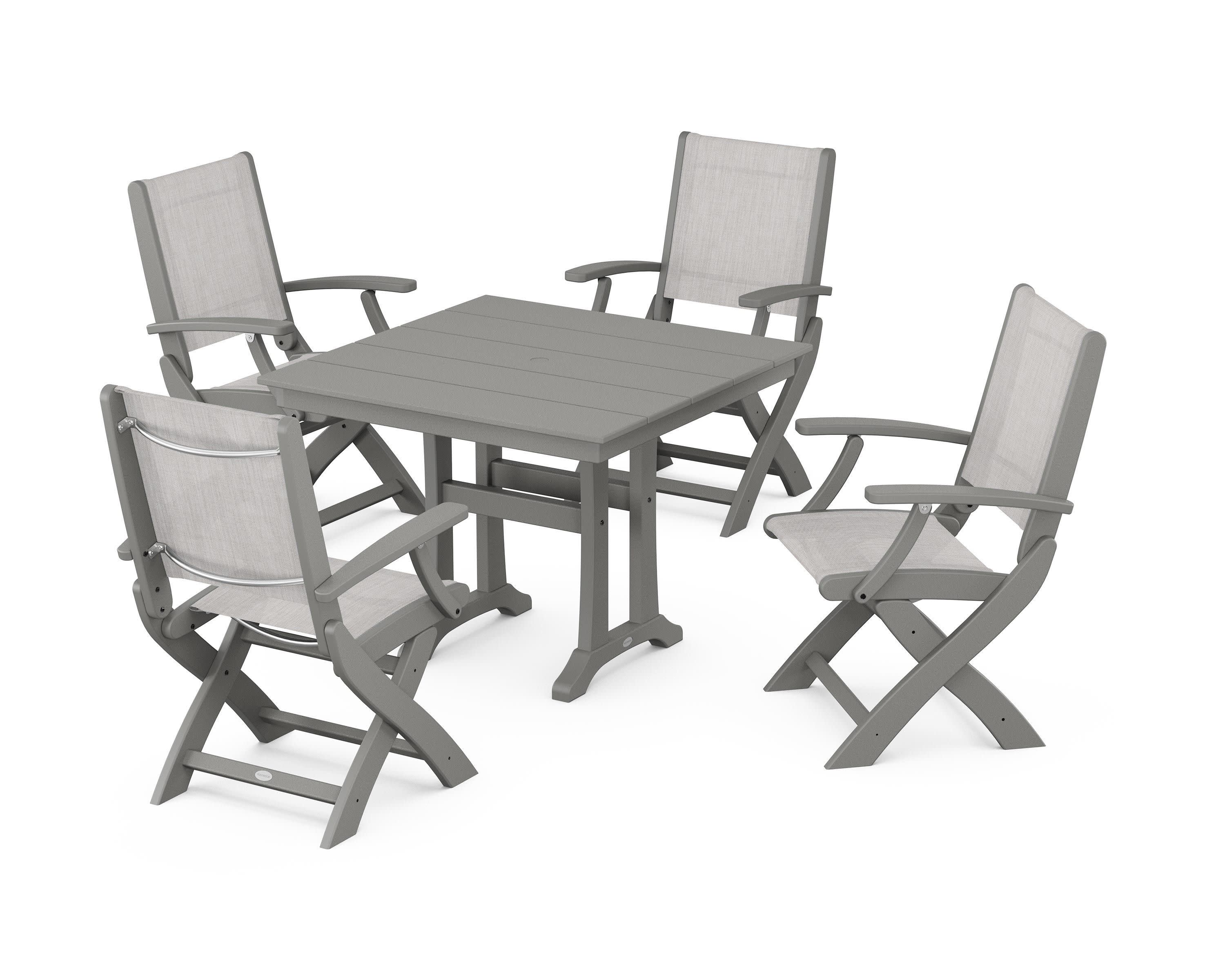 Coastal Folding Chair 5-Piece Farmhouse Dining Set With Trestle Legs in Slate Grey / Parchment Sling