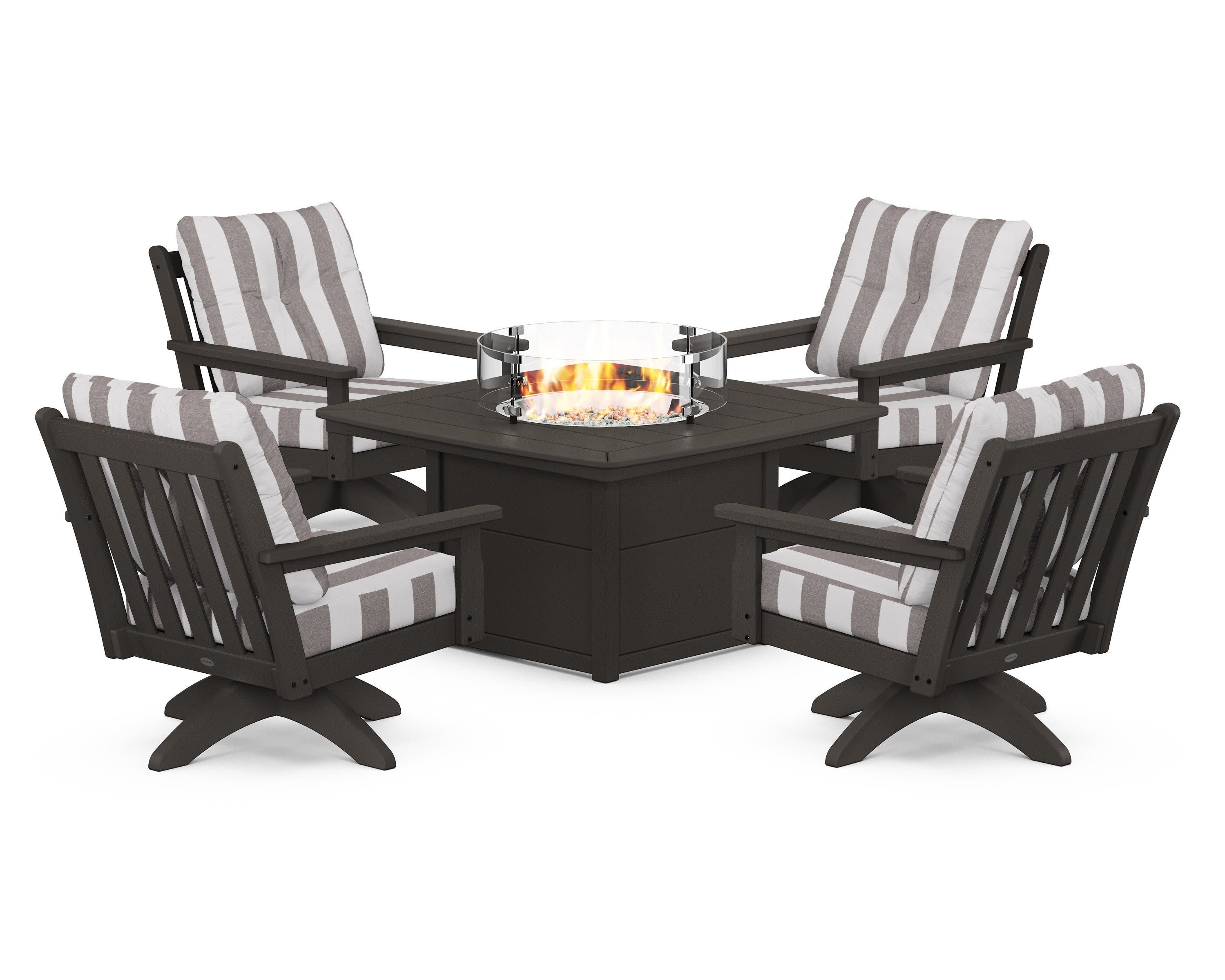 Vineyard 5-Piece Deep Seating Swivel Conversation Set with Fire Pit Table in Vintage Coffee / Cabana Stripe Grey Mist