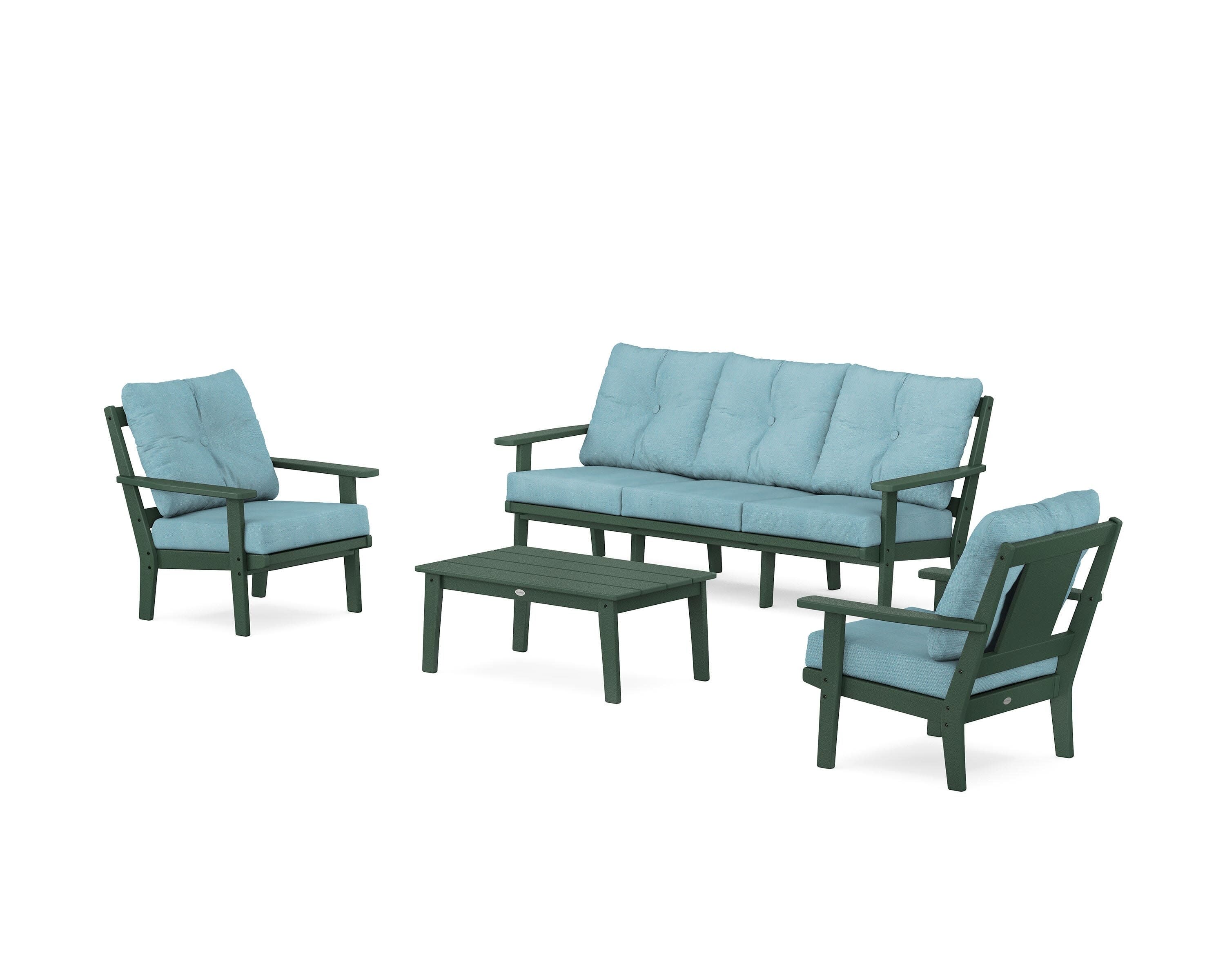 Prairie 4-Piece Deep Seating Set with Sofa in Green / Lattice Sky Blue