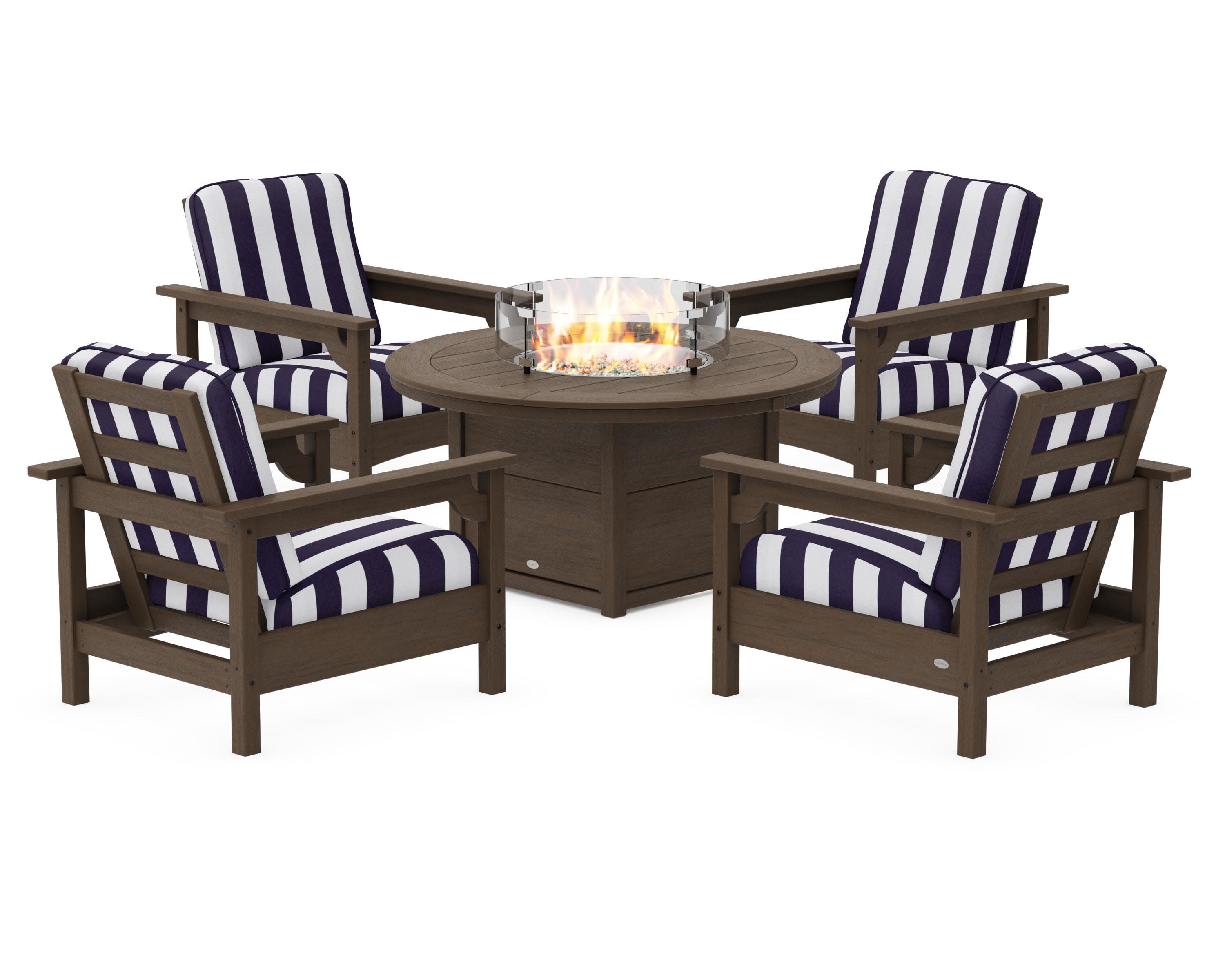 Club 5-Piece Conversation Set with Fire Pit Table in Kona / Cabana Stripe Navy