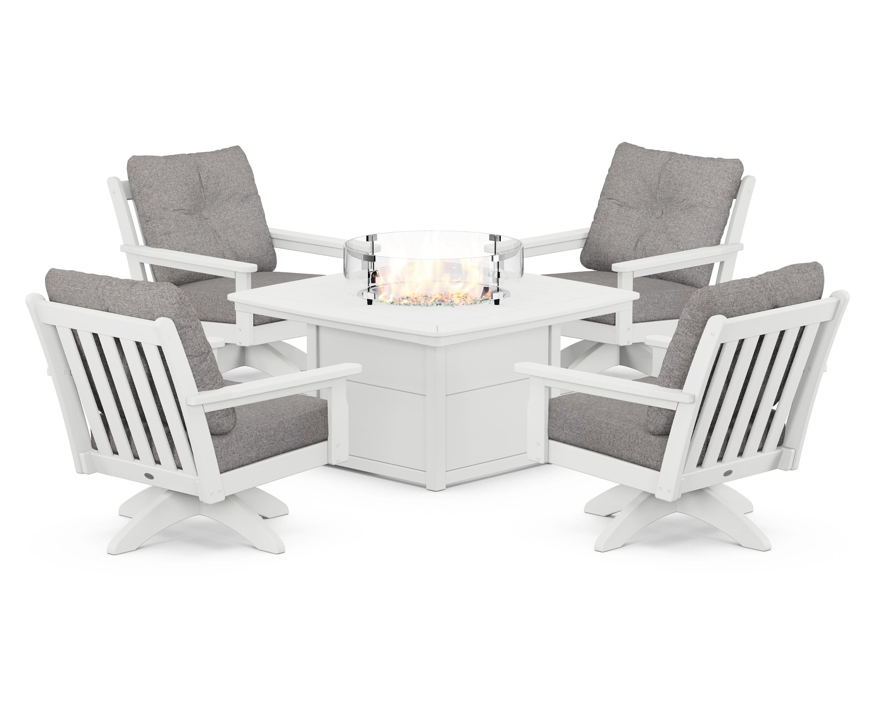 Vineyard 5-Piece Deep Seating Swivel Conversation Set with Fire Pit Table in White / Grey Mist