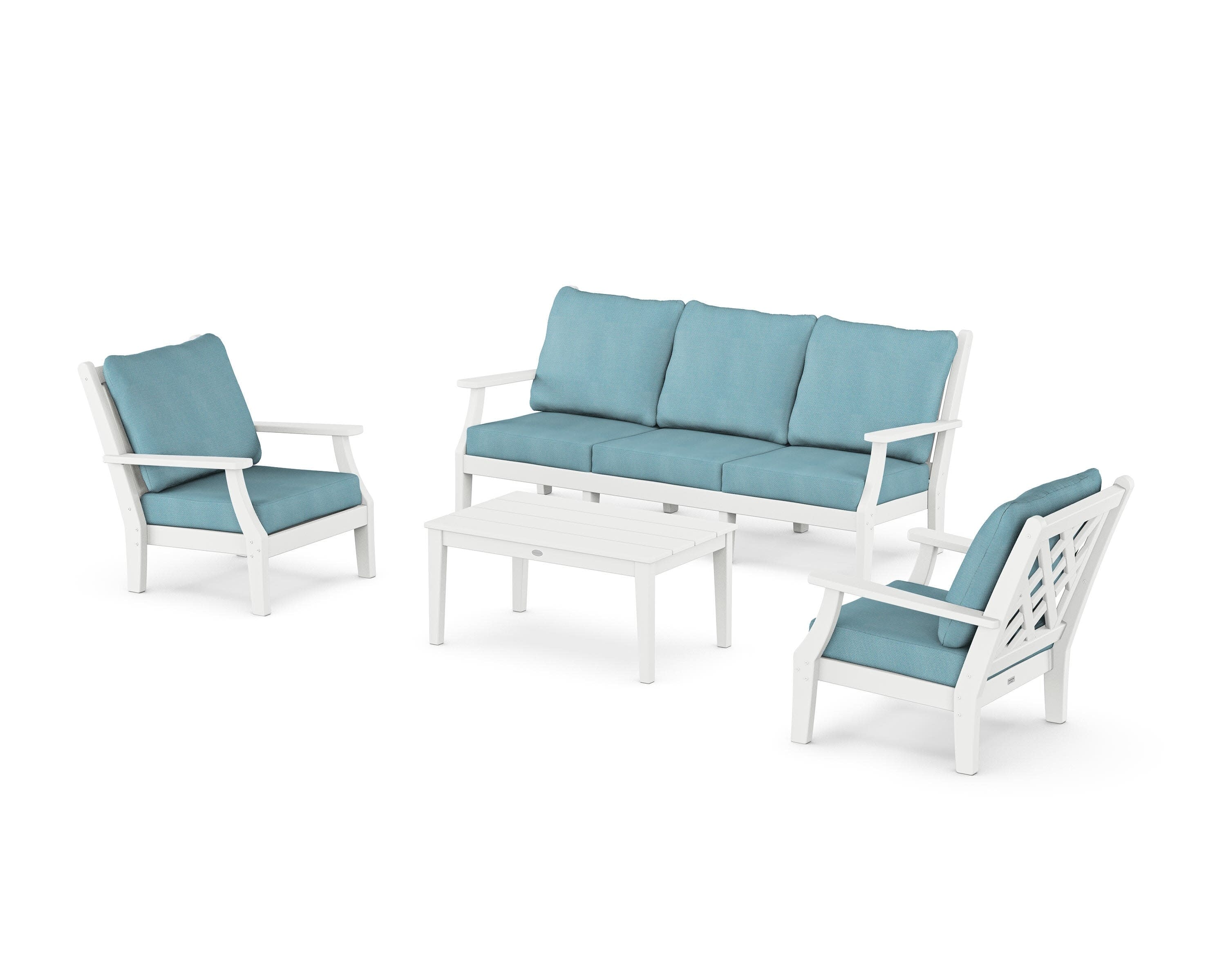 Wovendale 4-Piece Deep Seating Set with Sofa in White / Lattice Sky Blue