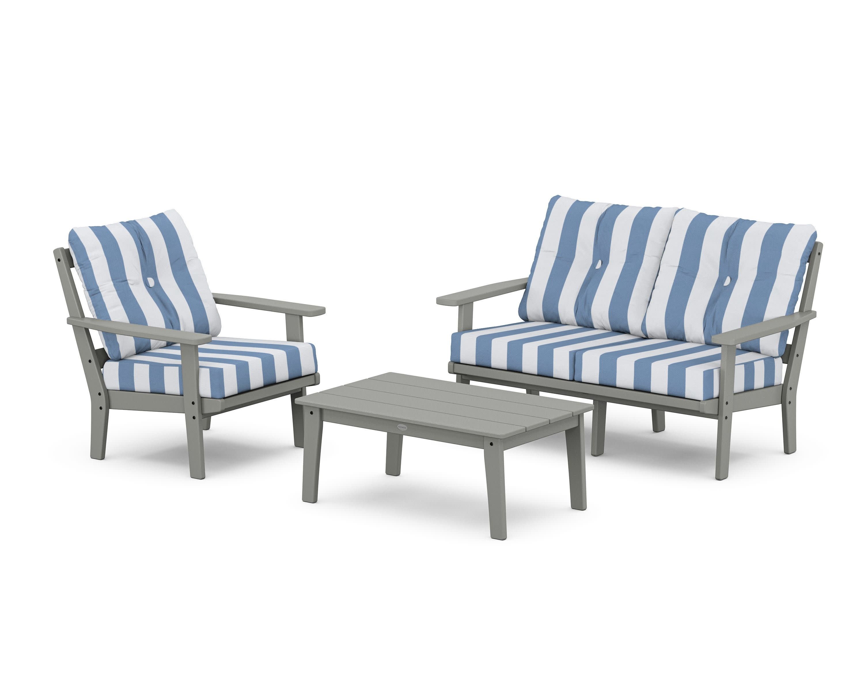 Prairie 3-Piece Deep Seating Set with Loveseat in Slate Grey / Cabana Stripe Sky Blue