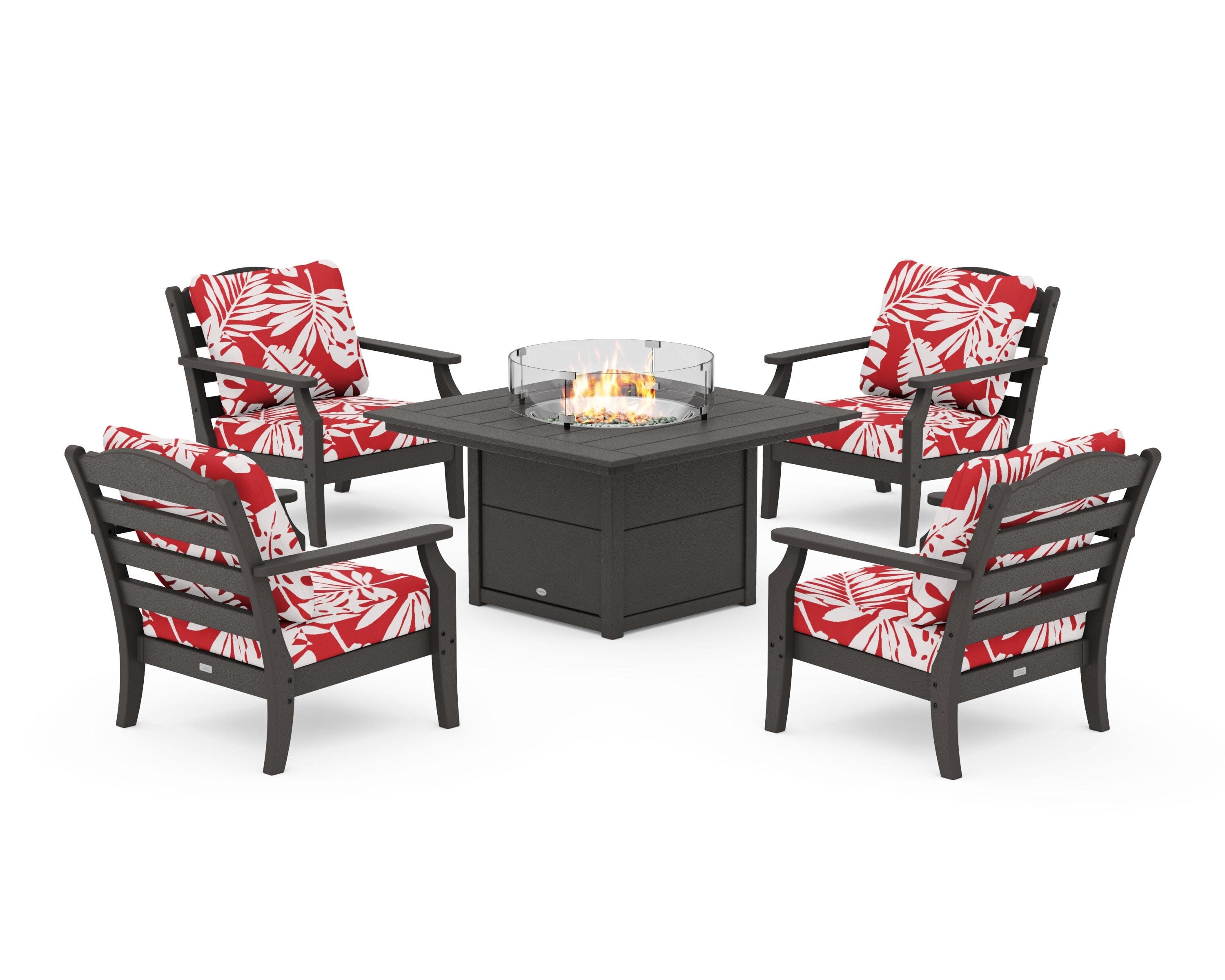 Savannah 5-Piece Deep Seating Set with Fire Pit Table in Vintage Coffee / Leaf Crimson