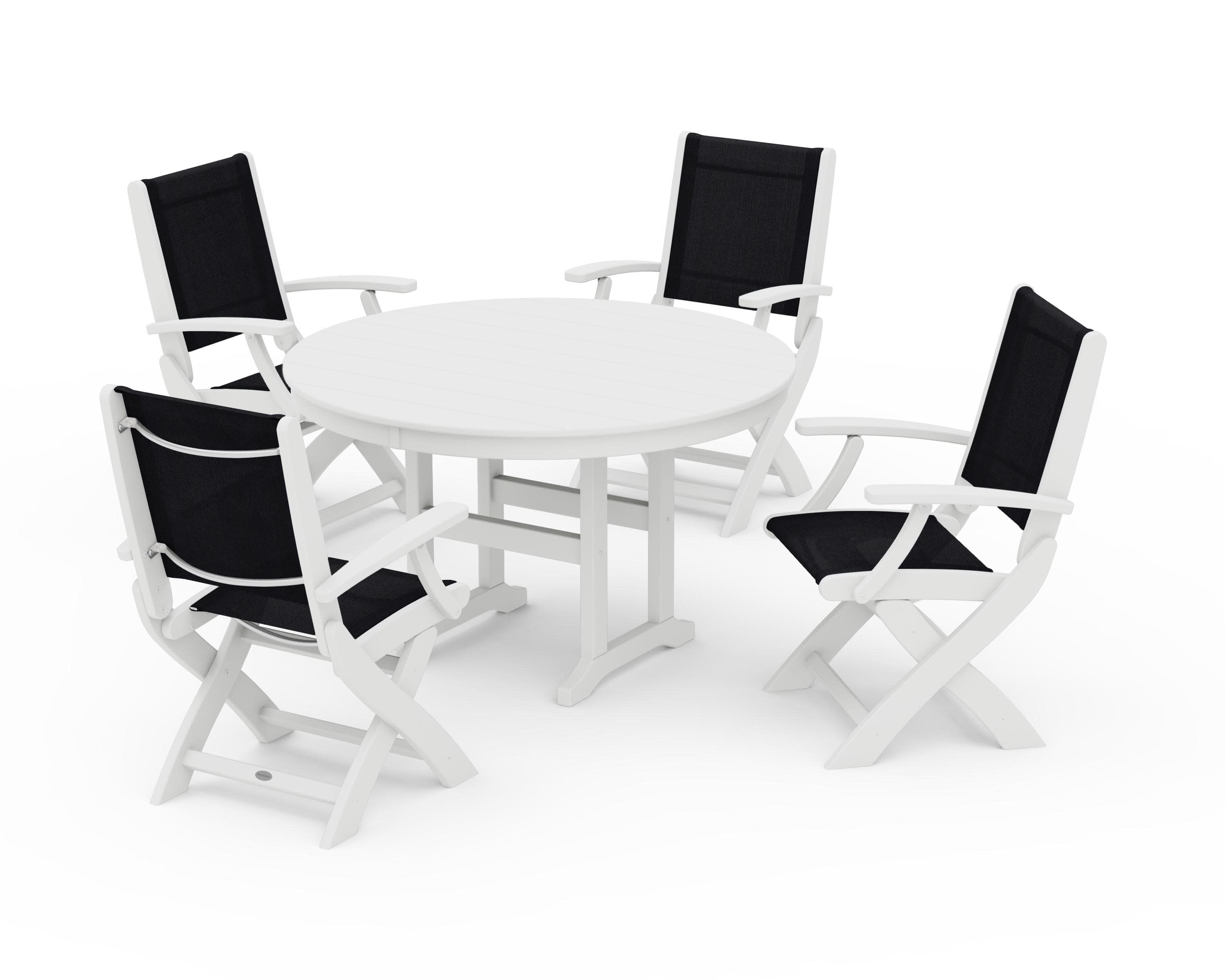 Coastal Folding Chair 5-Piece Round Dining Set in White / Black Sling