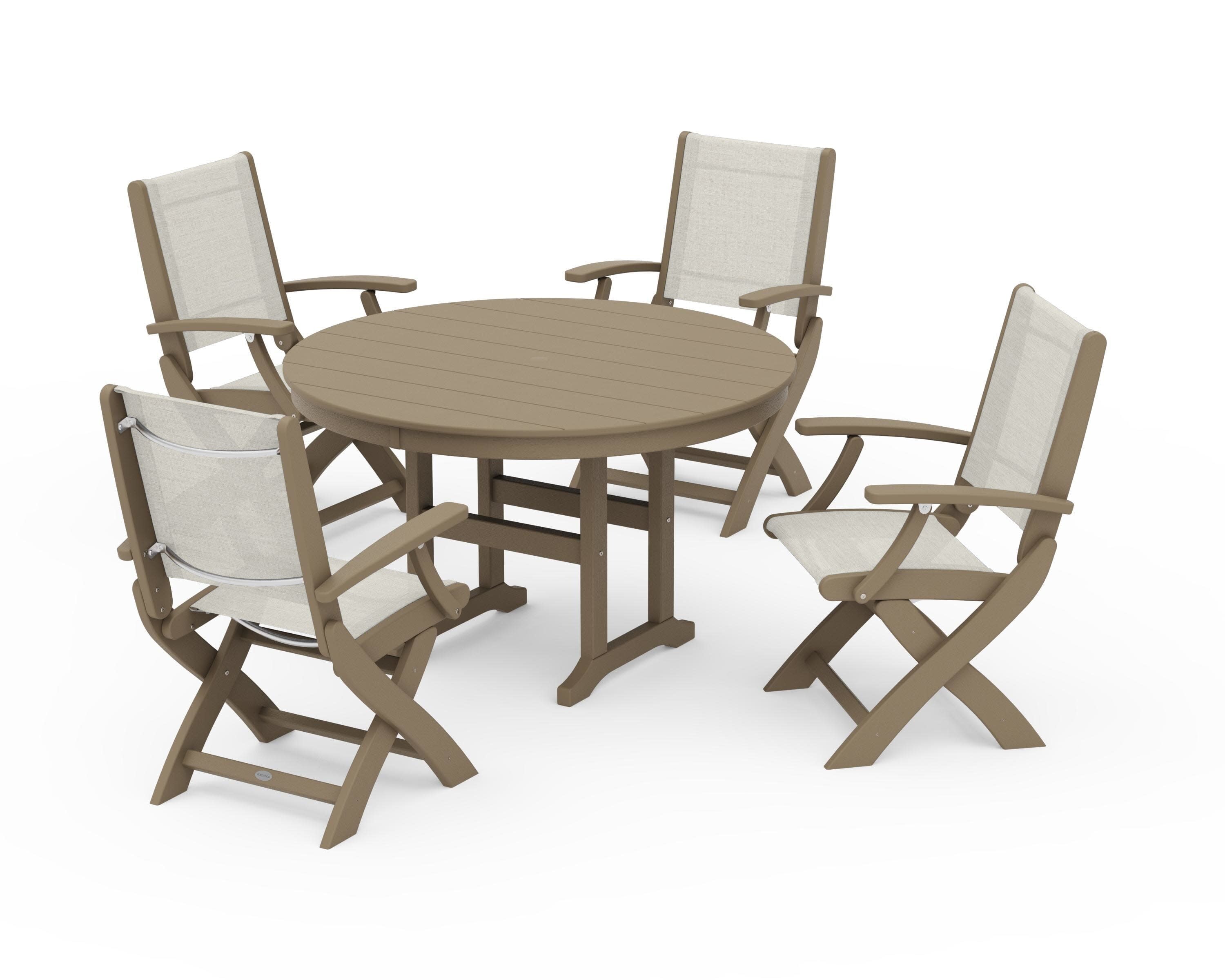 Coastal Folding Chair 5-Piece Round Dining Set in Vintage Sahara / Parchment Sling