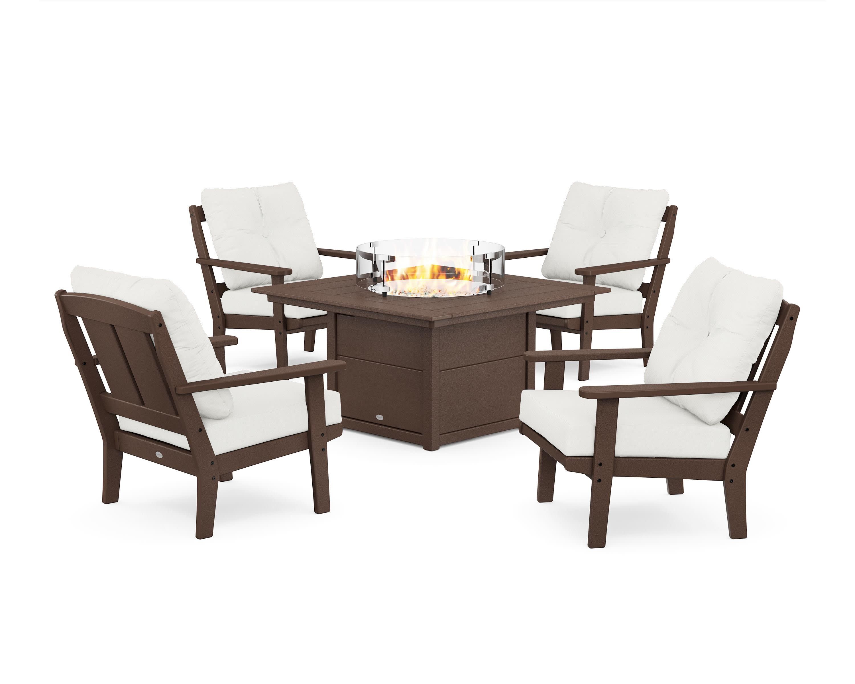 Mission 5-Piece Deep Seating Set with Fire Pit Table in Mahogany / Natural Linen