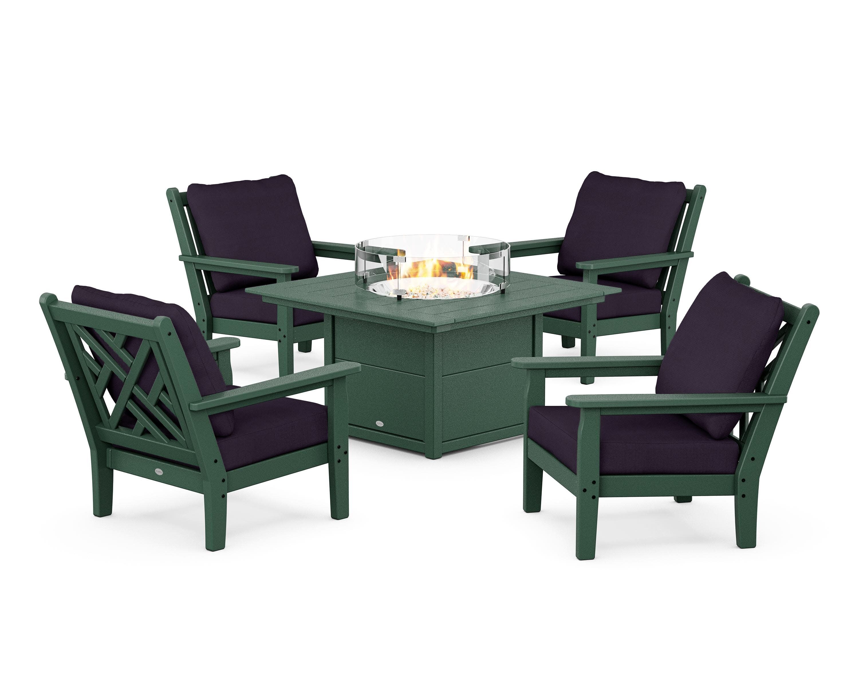 Chippendale 5-Piece Deep Seating Set with Fire Pit Table in Green / Navy Linen