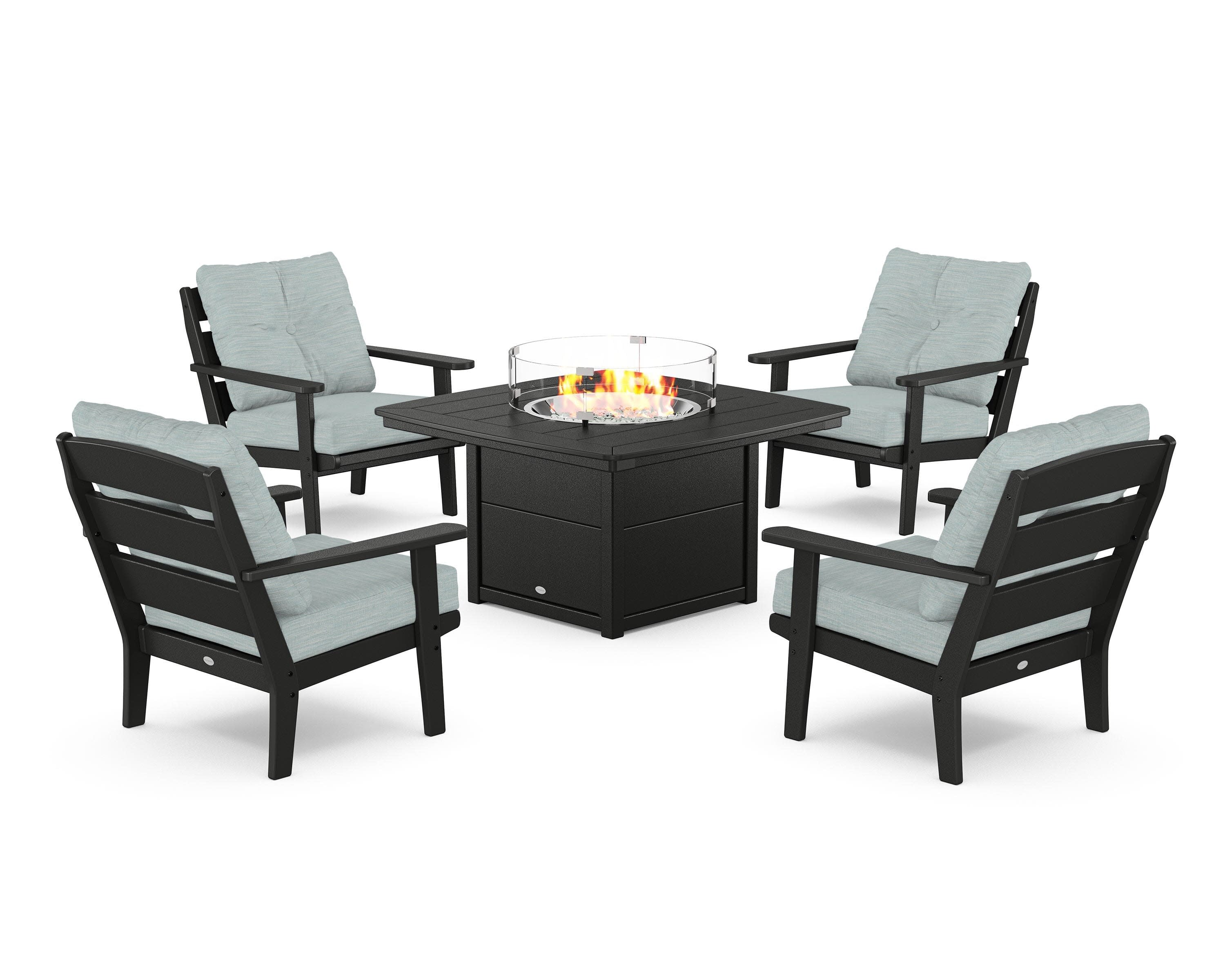 Lakeside 5-Piece Deep Seating Set with Nautical Fire Pit Table in Black / Soothe Mist