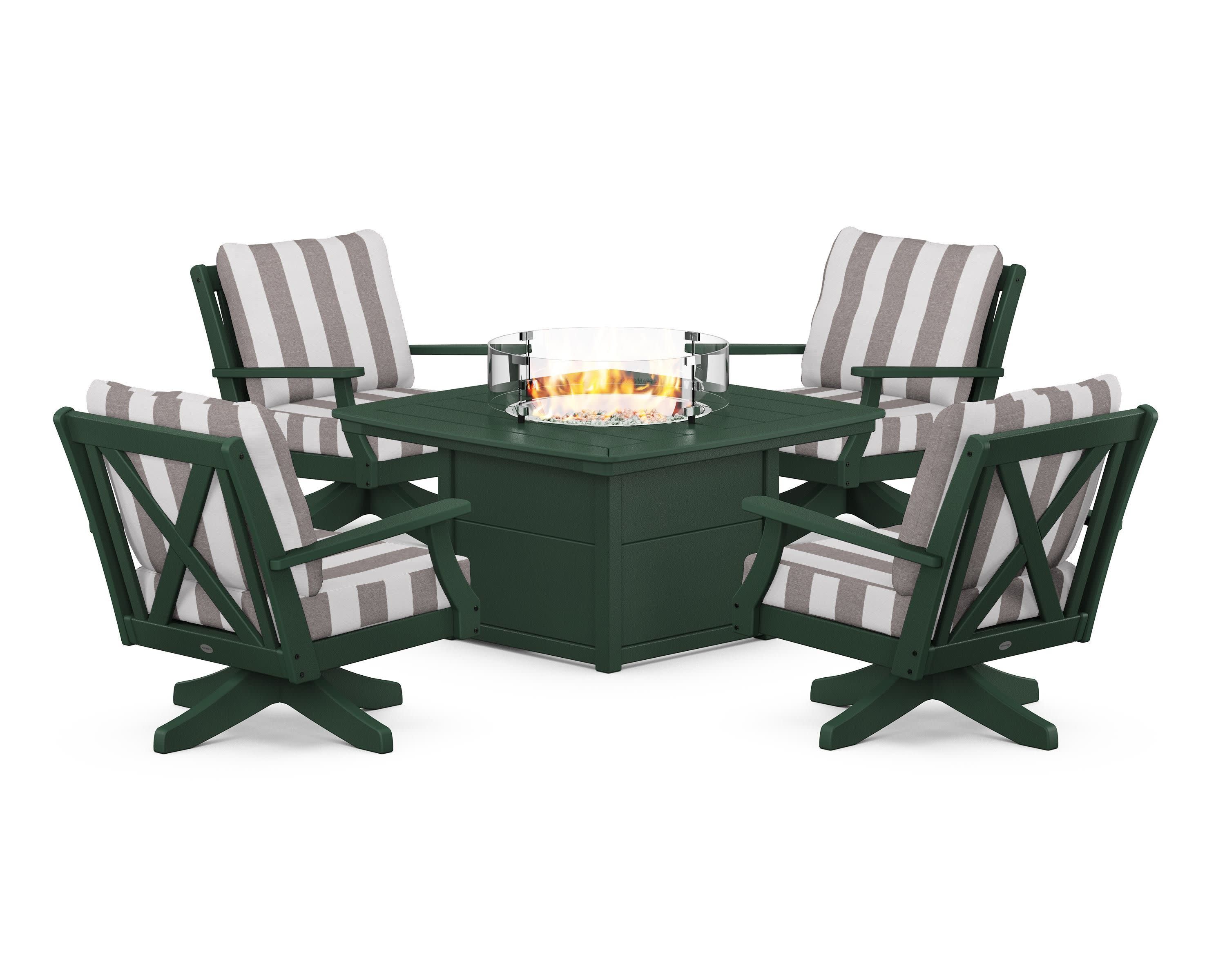 Braxton 5-Piece Deep Seating Swivel Conversation Set with Fire Pit Table in Green / Cabana Stripe Grey Mist