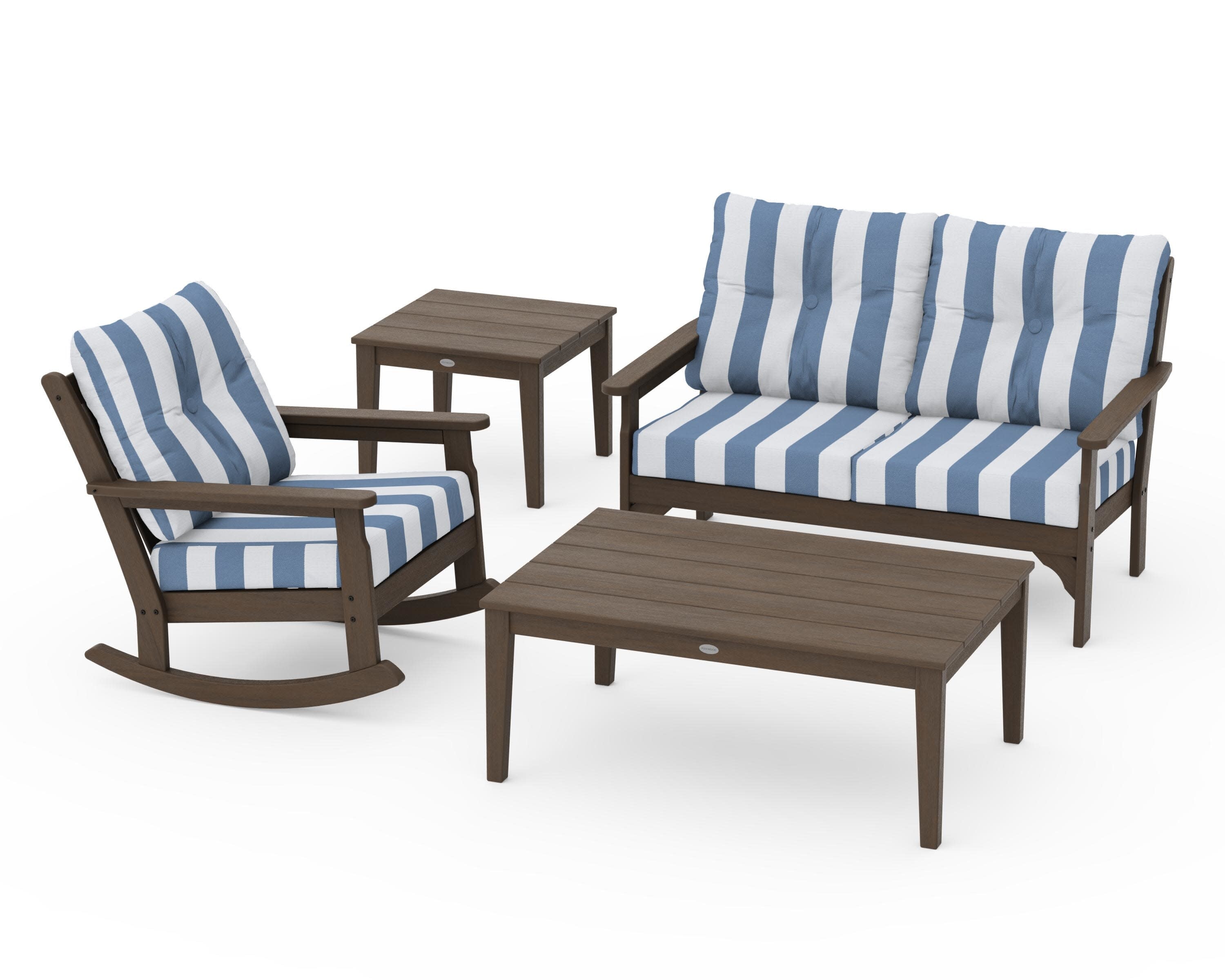 Vineyard 4-Piece Deep Seating Rocker Set in Kona / Cabana Stripe Sky Blue