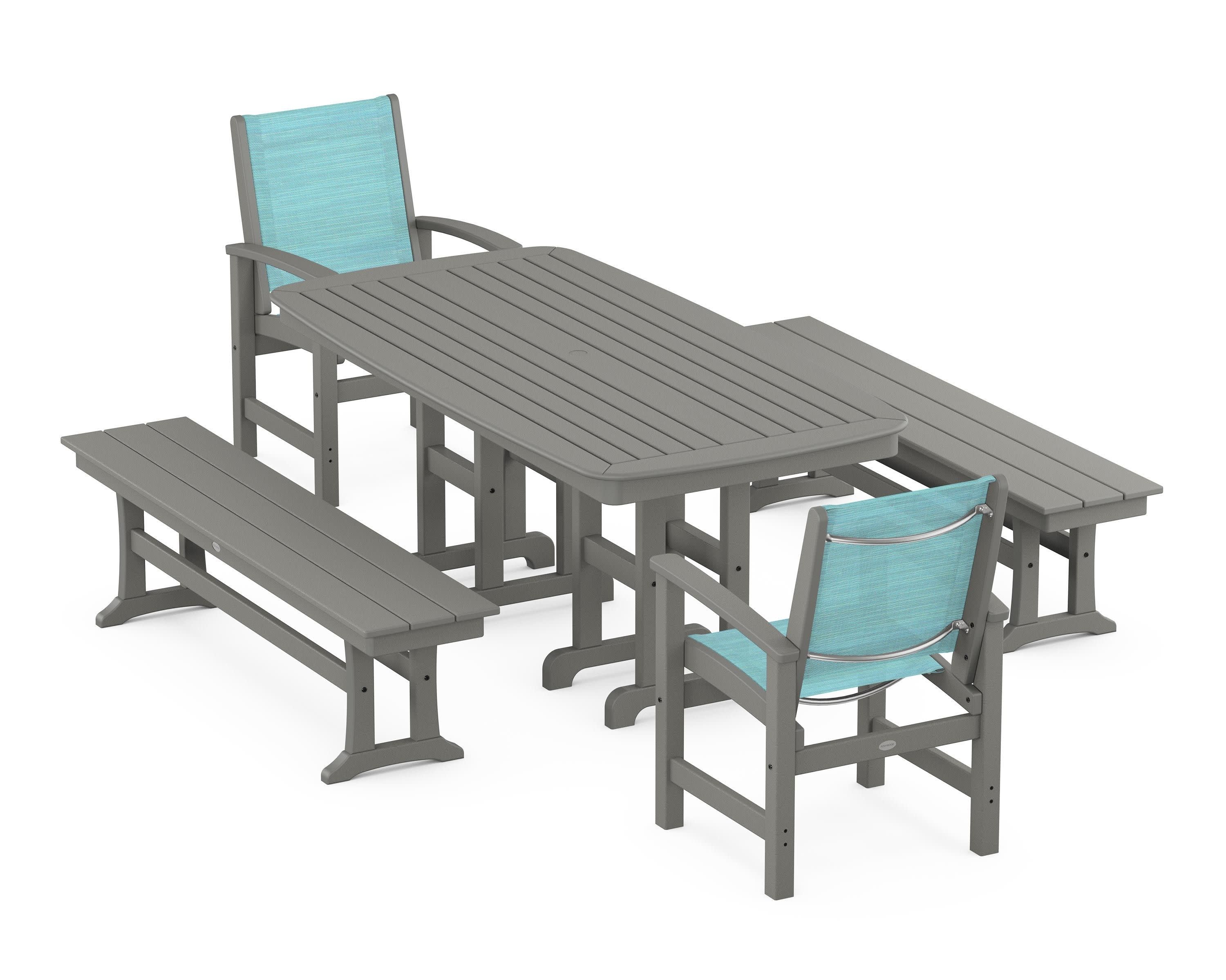 Coastal 5-Piece Dining Set in Slate Grey / Dupioni Aquamarine Sling