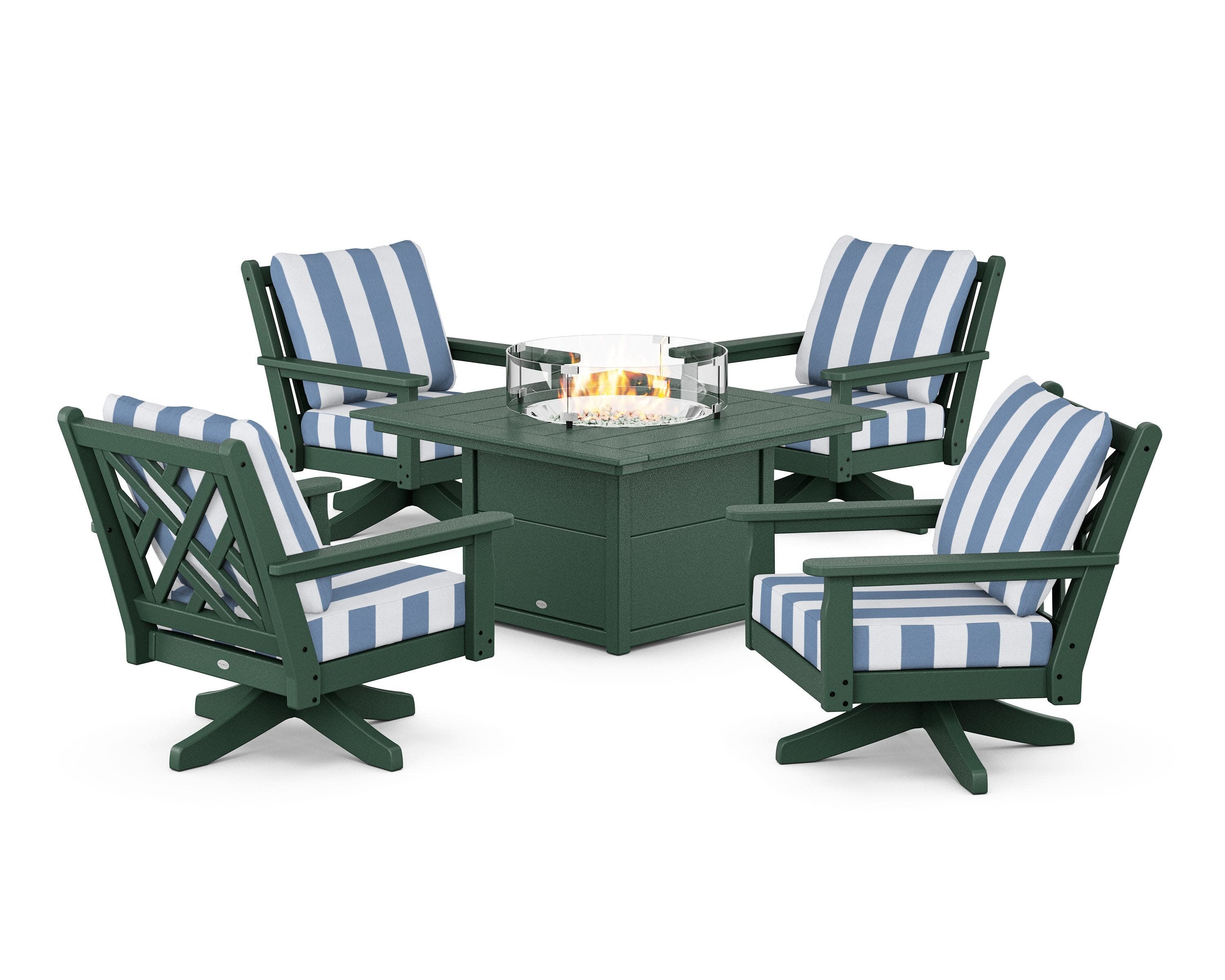 Chippendale 5-Piece Deep Seating Swivel Conversation Set with Fire Pit Table in Green / Cabana Stripe Sky Blue