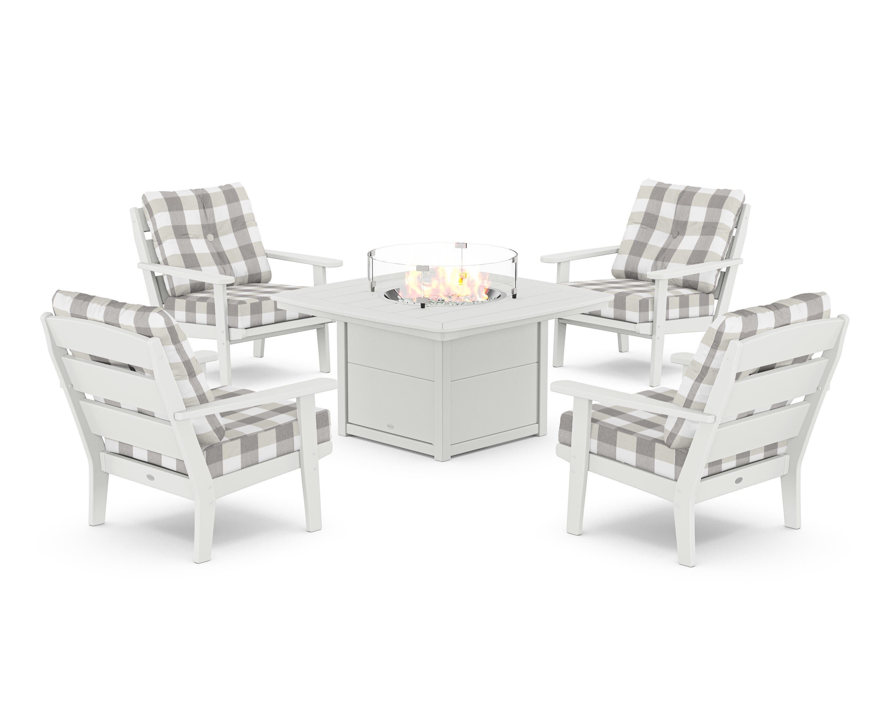 Lakeside 5-Piece Deep Seating Set with Nautical Fire Pit Table in White / Buffalo Plaid Grey Mist