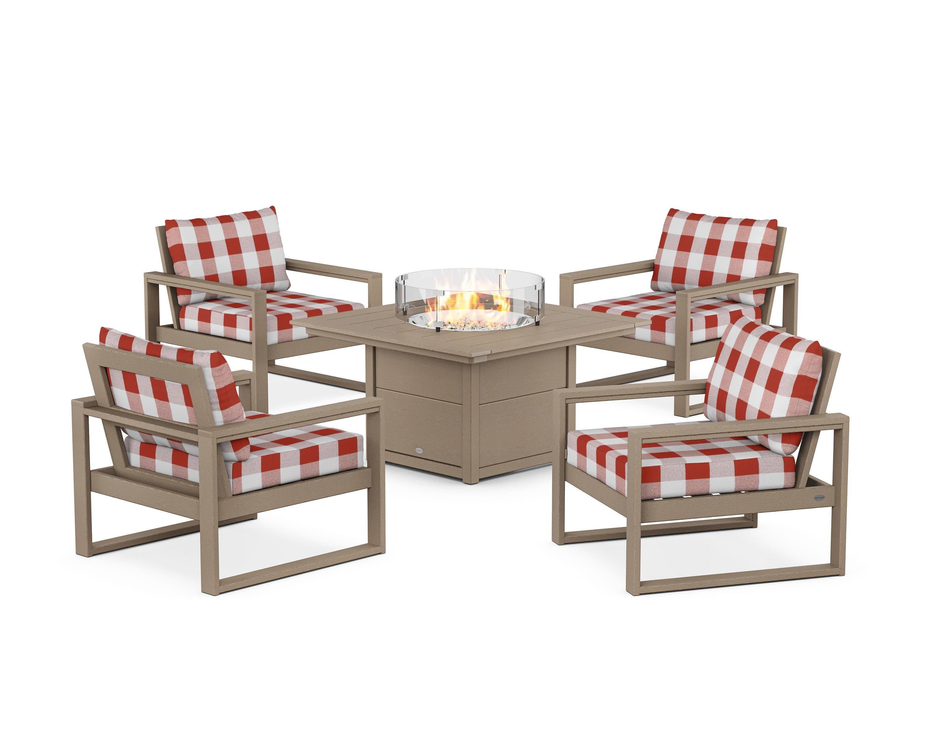 EDGE Sectional 5-Piece Deep Seating Set with Fire Pit Table in Vintage Sahara / Buffalo Plaid Crimson