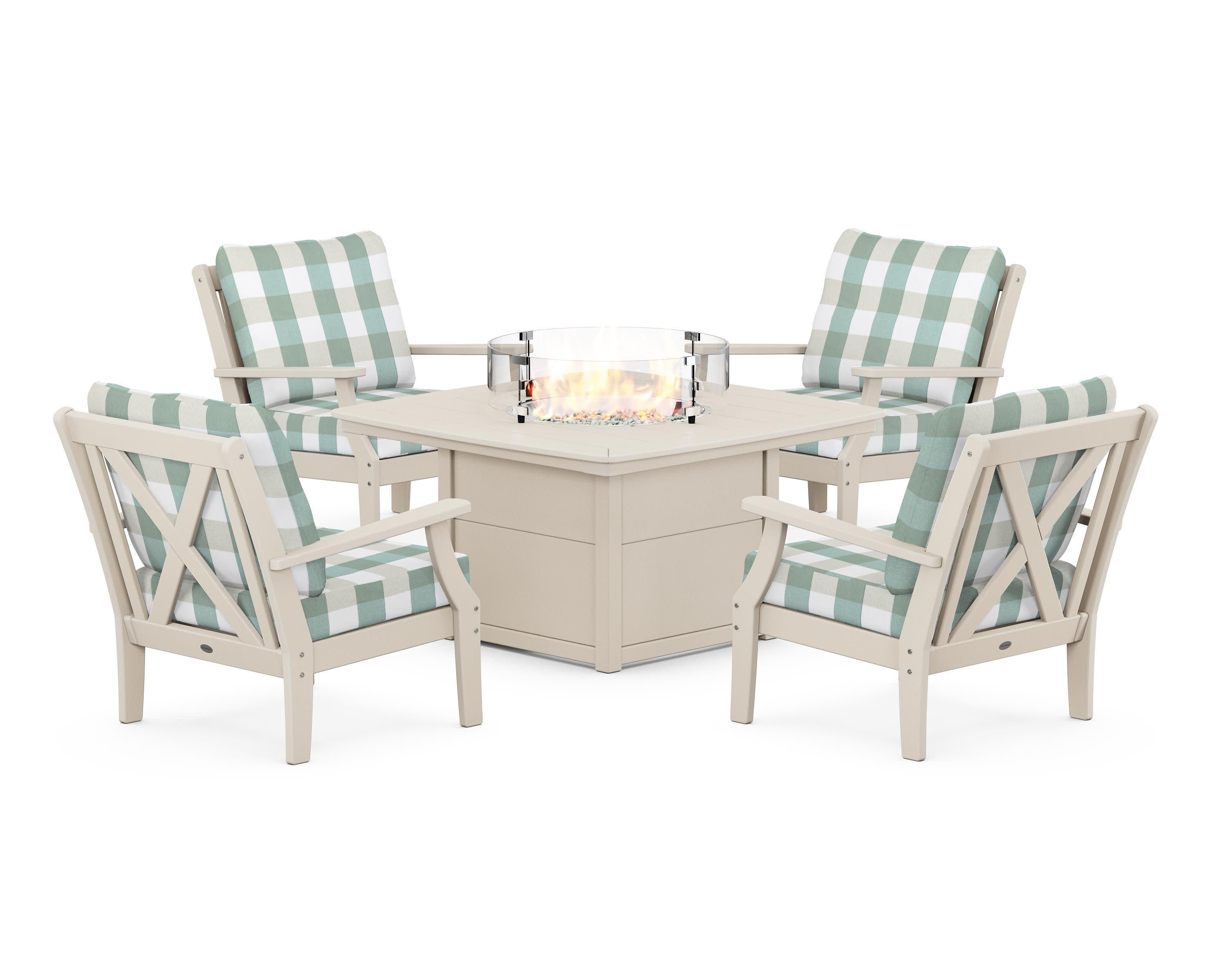 Braxton 5-Piece Deep Seating Conversation Set with Fire Pit Table in Sand / Buffalo Plaid Glacier Spa