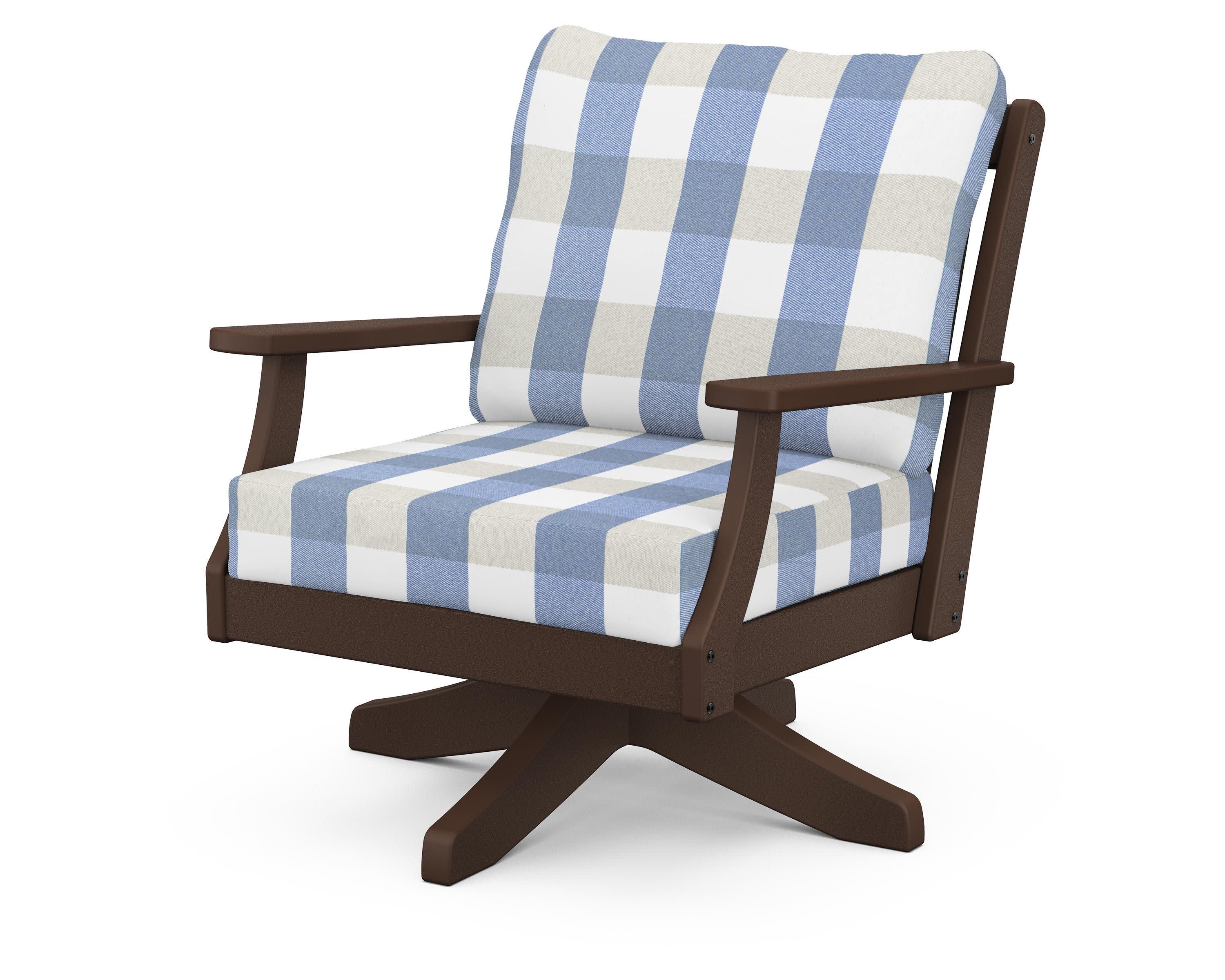 Braxton Deep Seating Swivel Chair in Mahogany / Buffalo Plaid Sky Blue