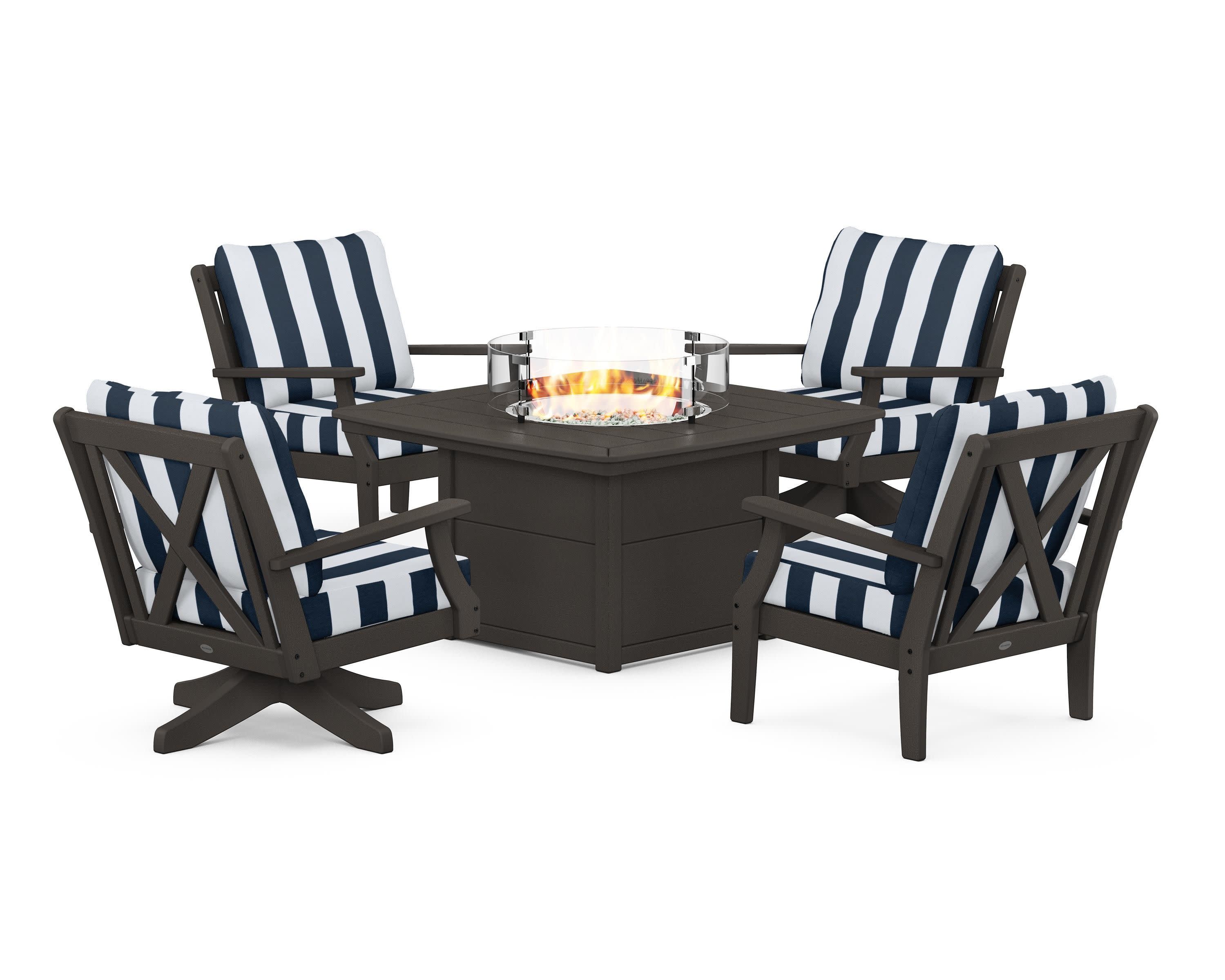 Braxton 5-Piece Deep Seating Set with Fire Table in Vintage Coffee / Cabana Stripe Marine Indigo
