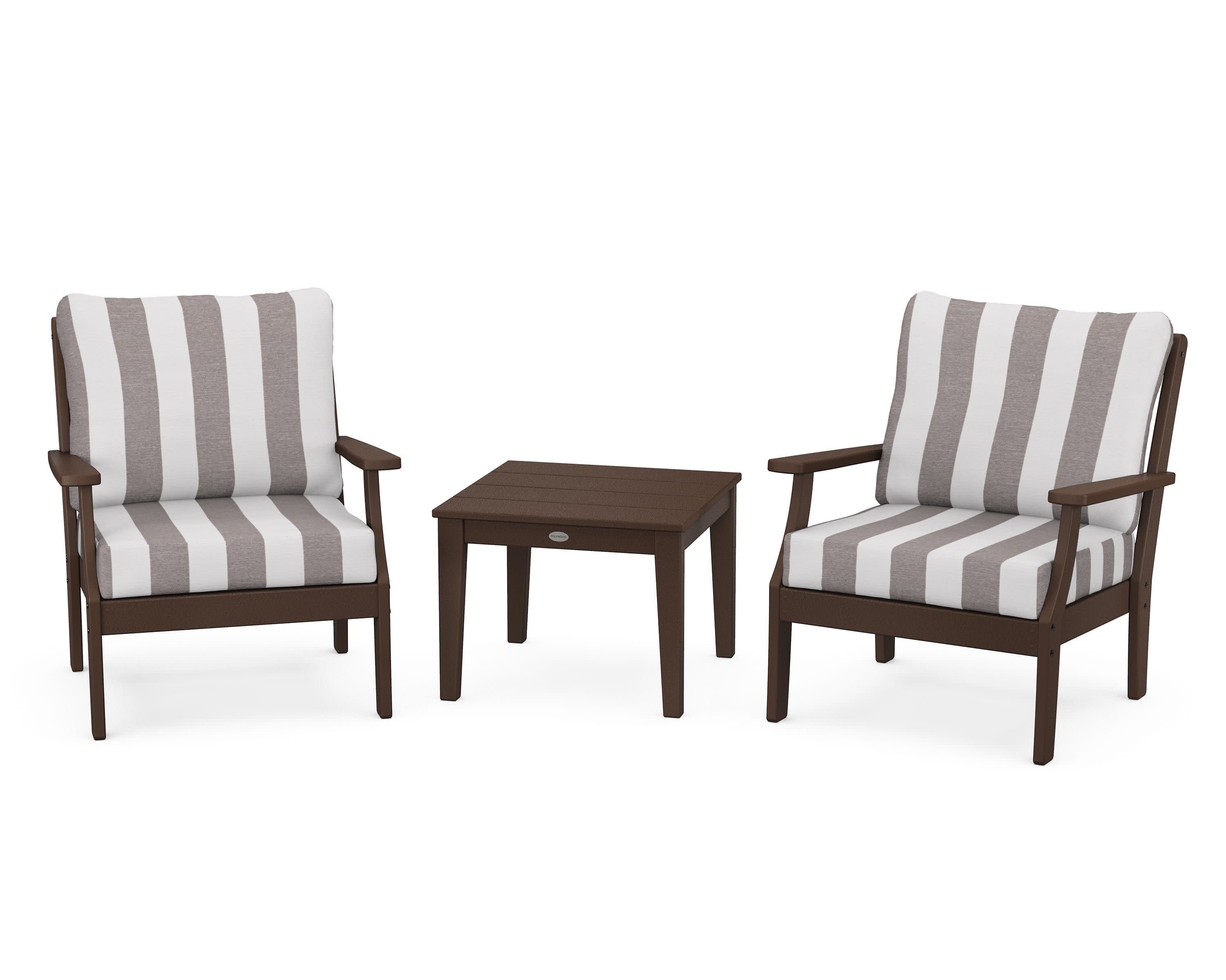 Braxton 3-Piece Deep Seating Set in Mahogany / Cabana Stripe Grey Mist