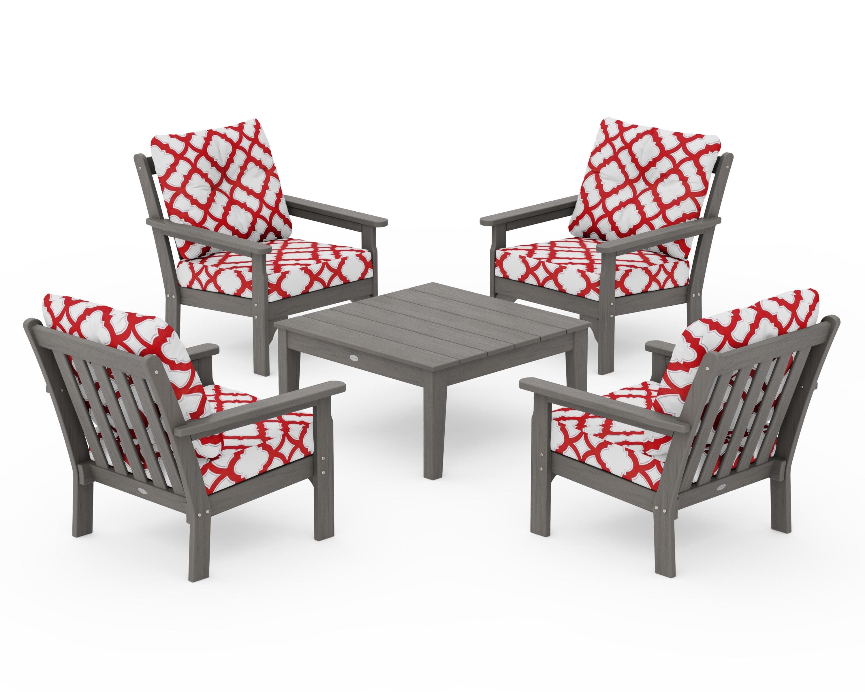 Vineyard 5-Piece Deep Seating Conversation Set in Driftwood / Trellis Crimson