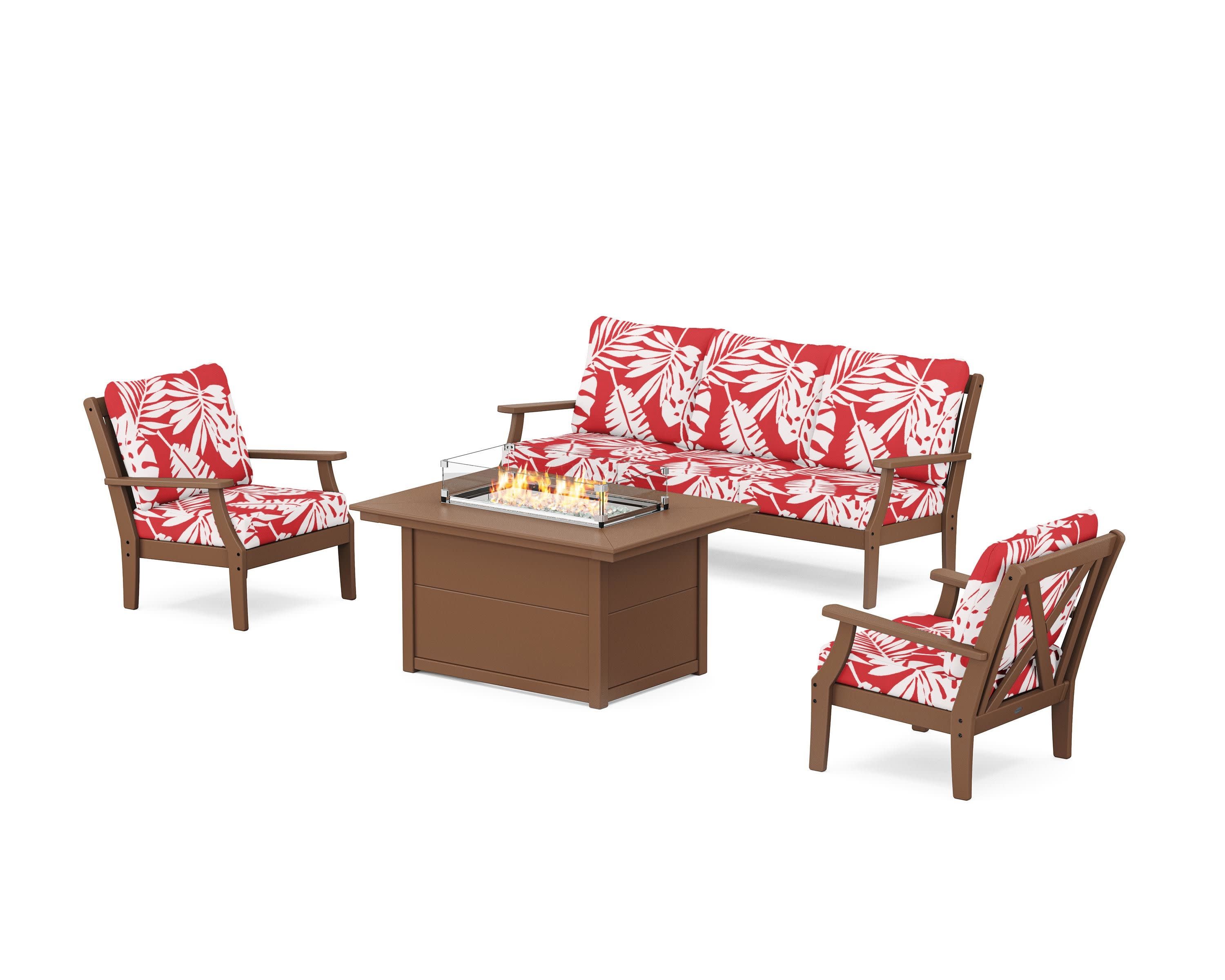 Braxton Deep Seating Fire Pit Table Set in Teak / Leaf Crimson