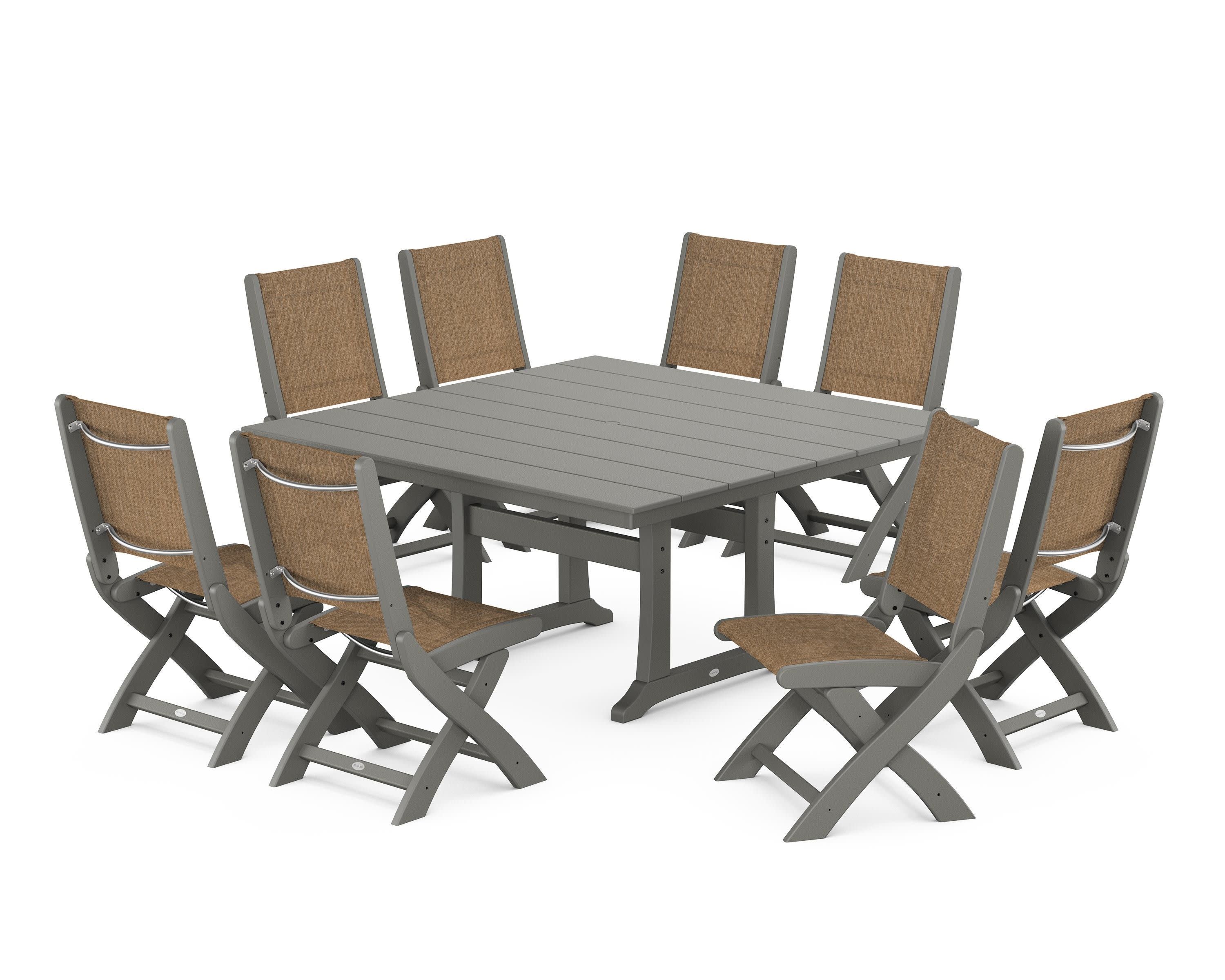 Coastal Folding Side Chair 9-Piece Farmhouse Dining Set in Slate Grey / Burlap Sling