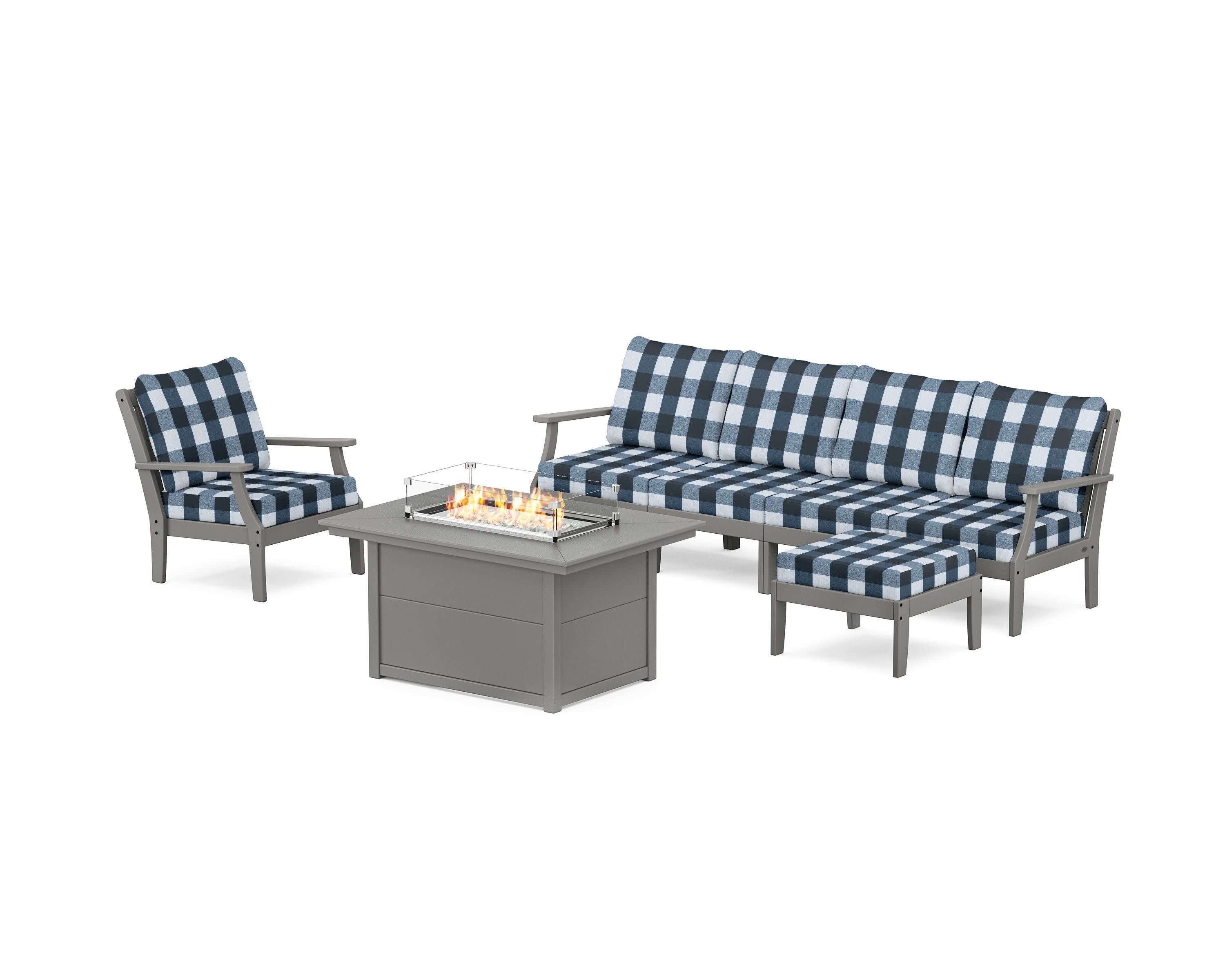 Braxton Sectional Lounge and Fire Pit Set in Slate Grey / Buffalo Plaid Marine Indigo
