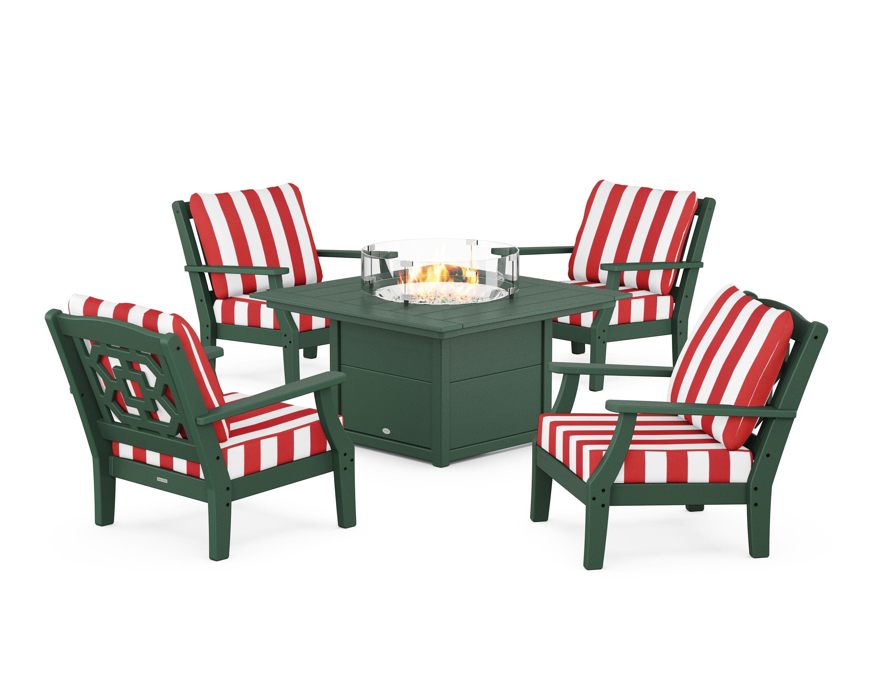 Chinoiserie 5-Piece Deep Seating Set with Fire Pit Table in Green / Cabana Stripe Crimson