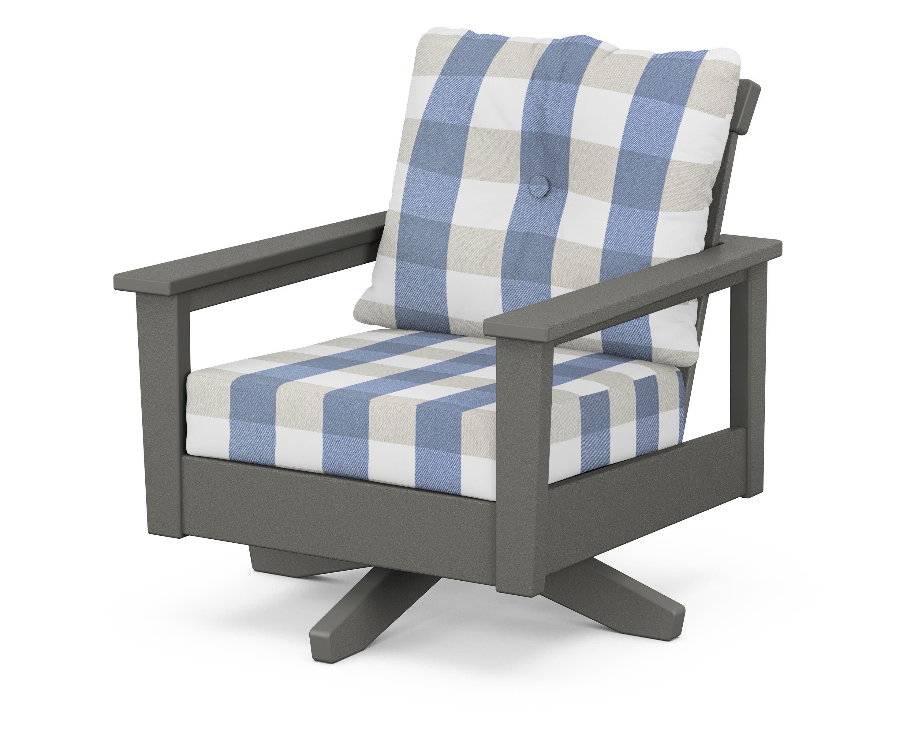 Prescott Deep Seating Swivel Chair in Slate Grey / Buffalo Plaid Sky Blue