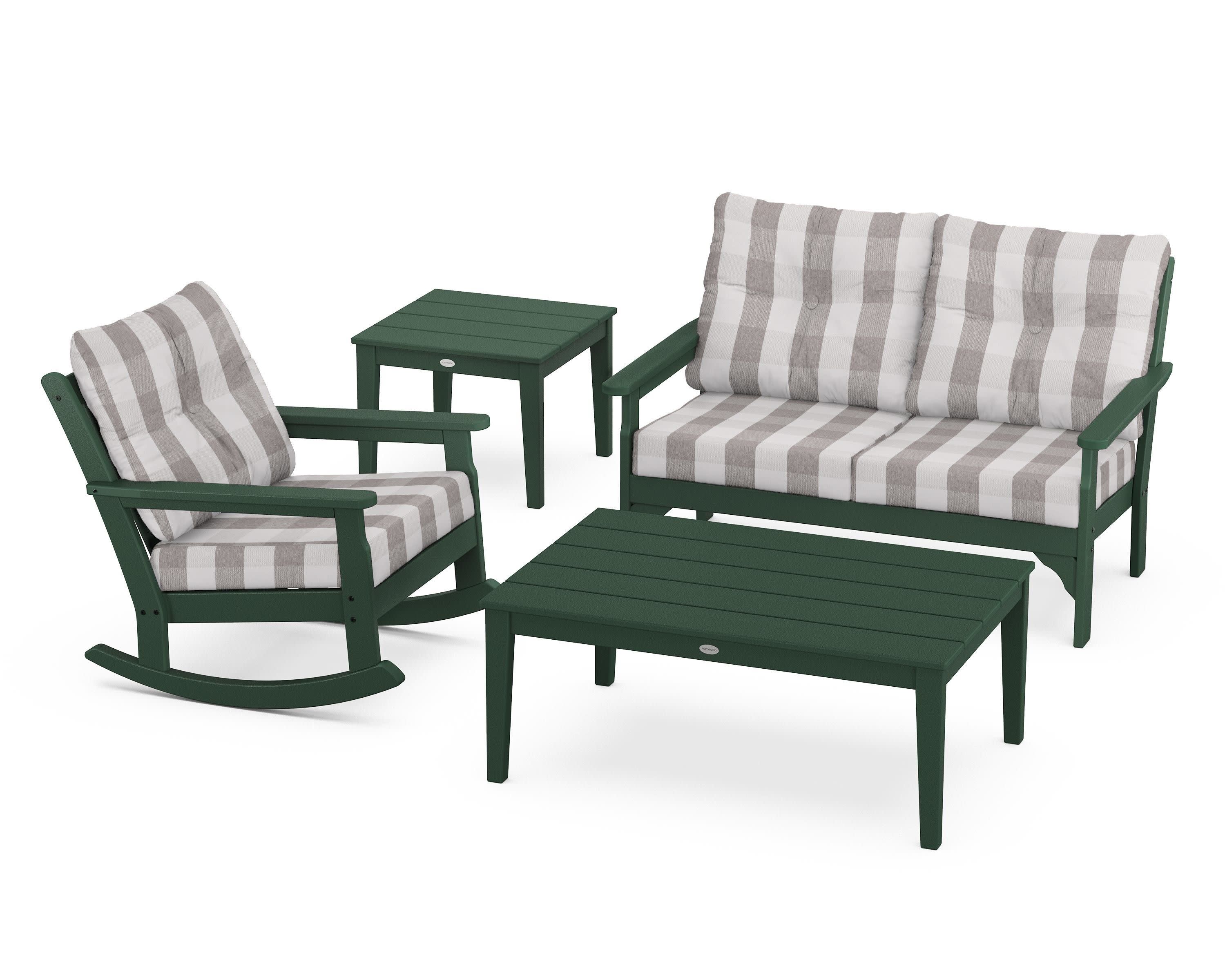 Vineyard 4-Piece Deep Seating Rocker Set in Green / Buffalo Plaid Grey Mist