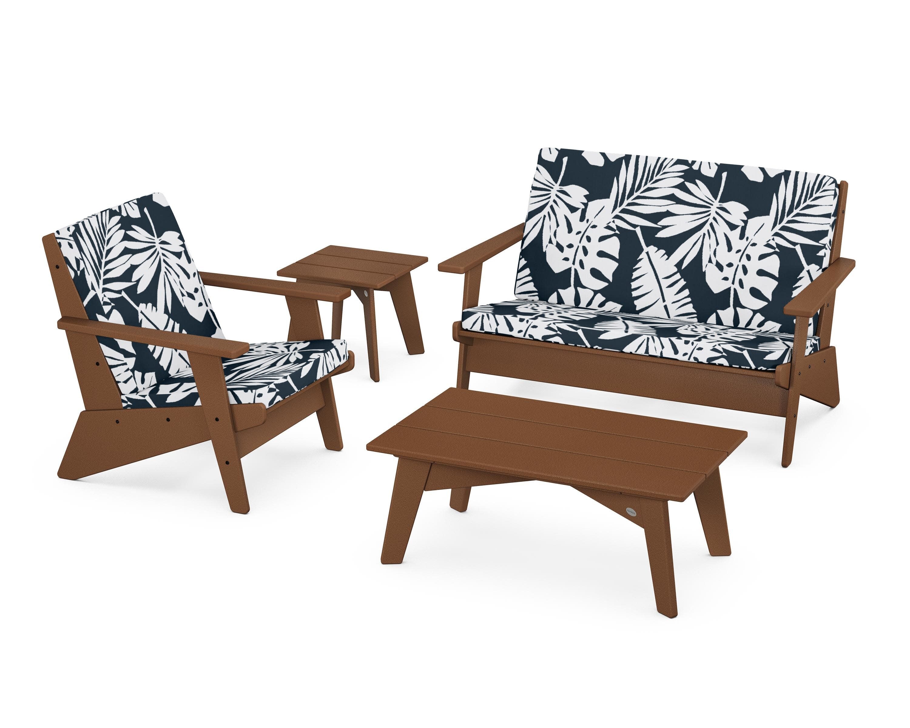Riviera Modern Lounge 4-Piece Set in Teak / Leaf Marine Indigo