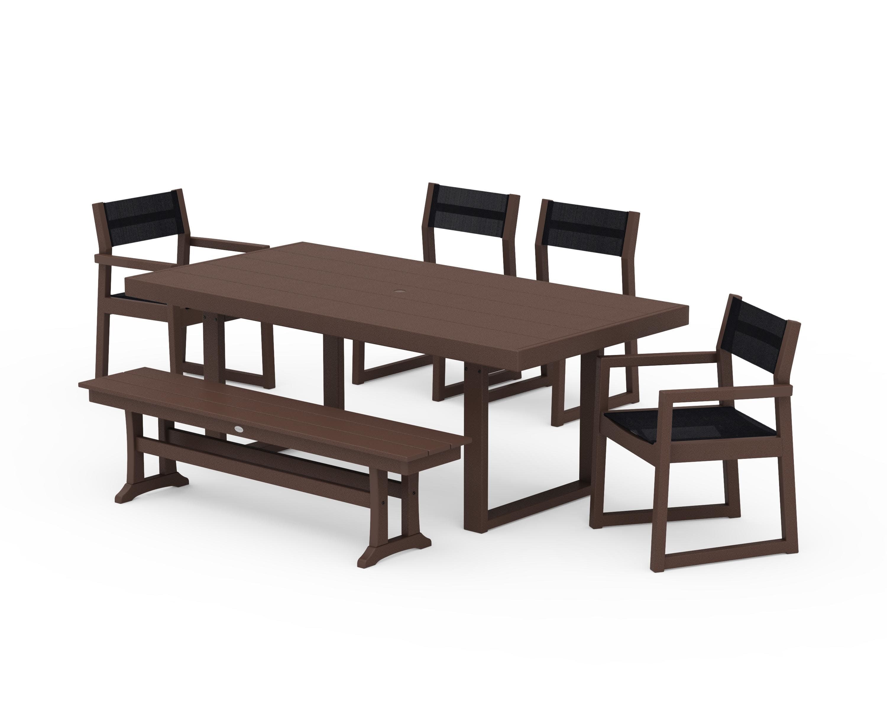 EDGE Sling 6-Piece Dining Set with Bench in Mahogany / Black Sling