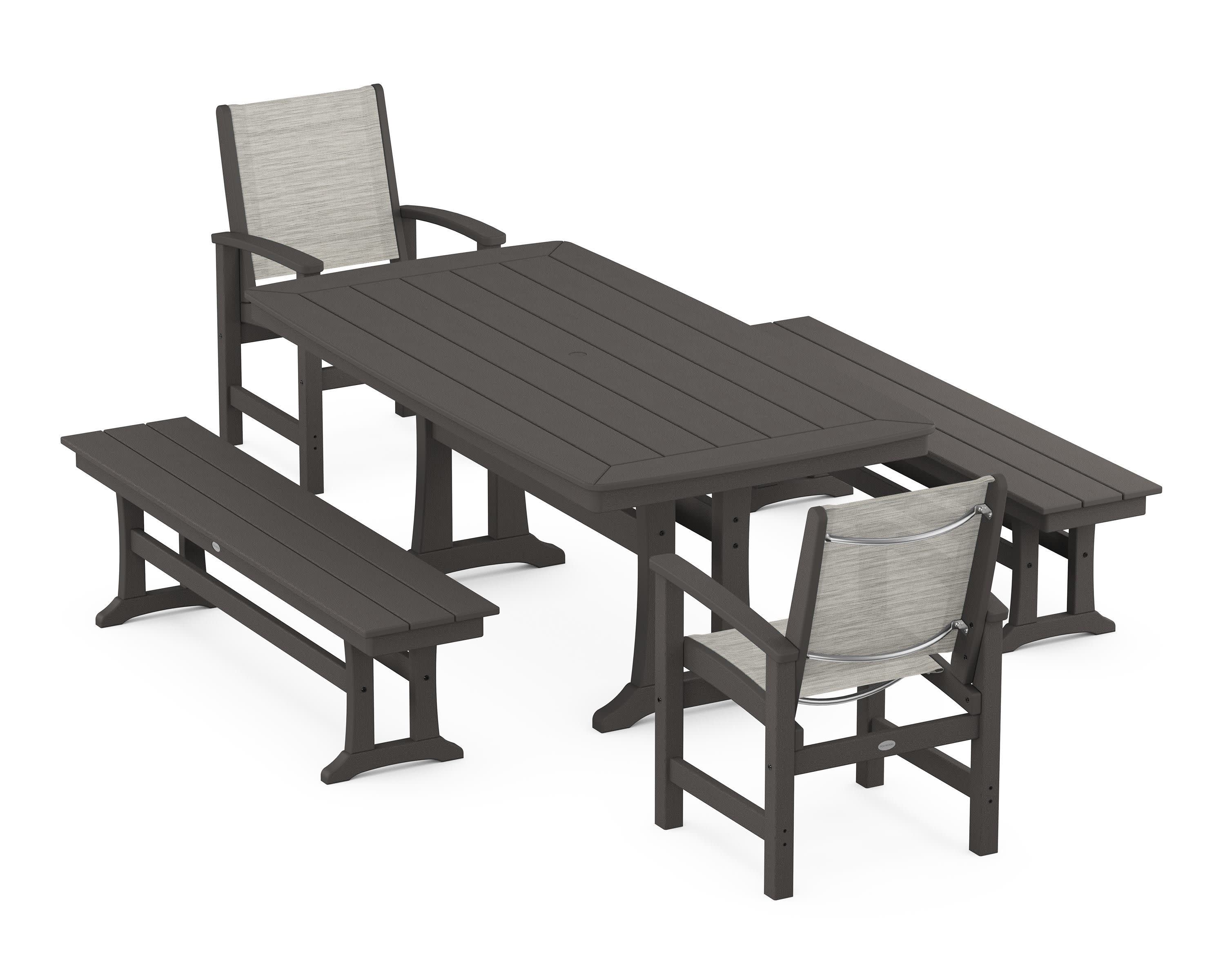 Coastal 5-Piece Dining Set with Trestle Legs and Benches in Vintage Coffee / Birch Sling