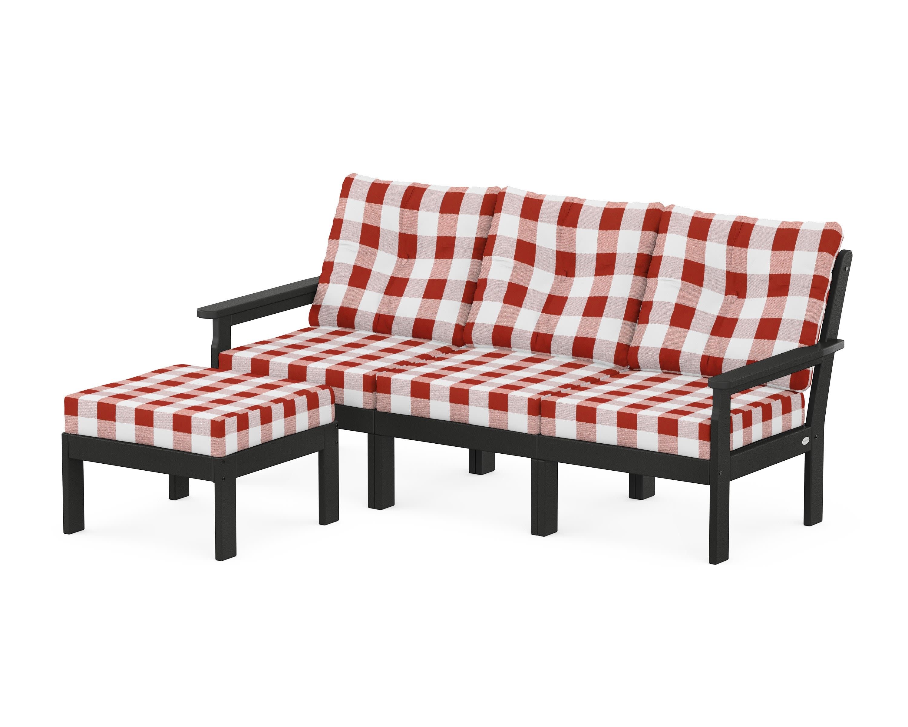 Vineyard 4-Piece Sectional with Ottoman in Black / Buffalo Plaid Crimson