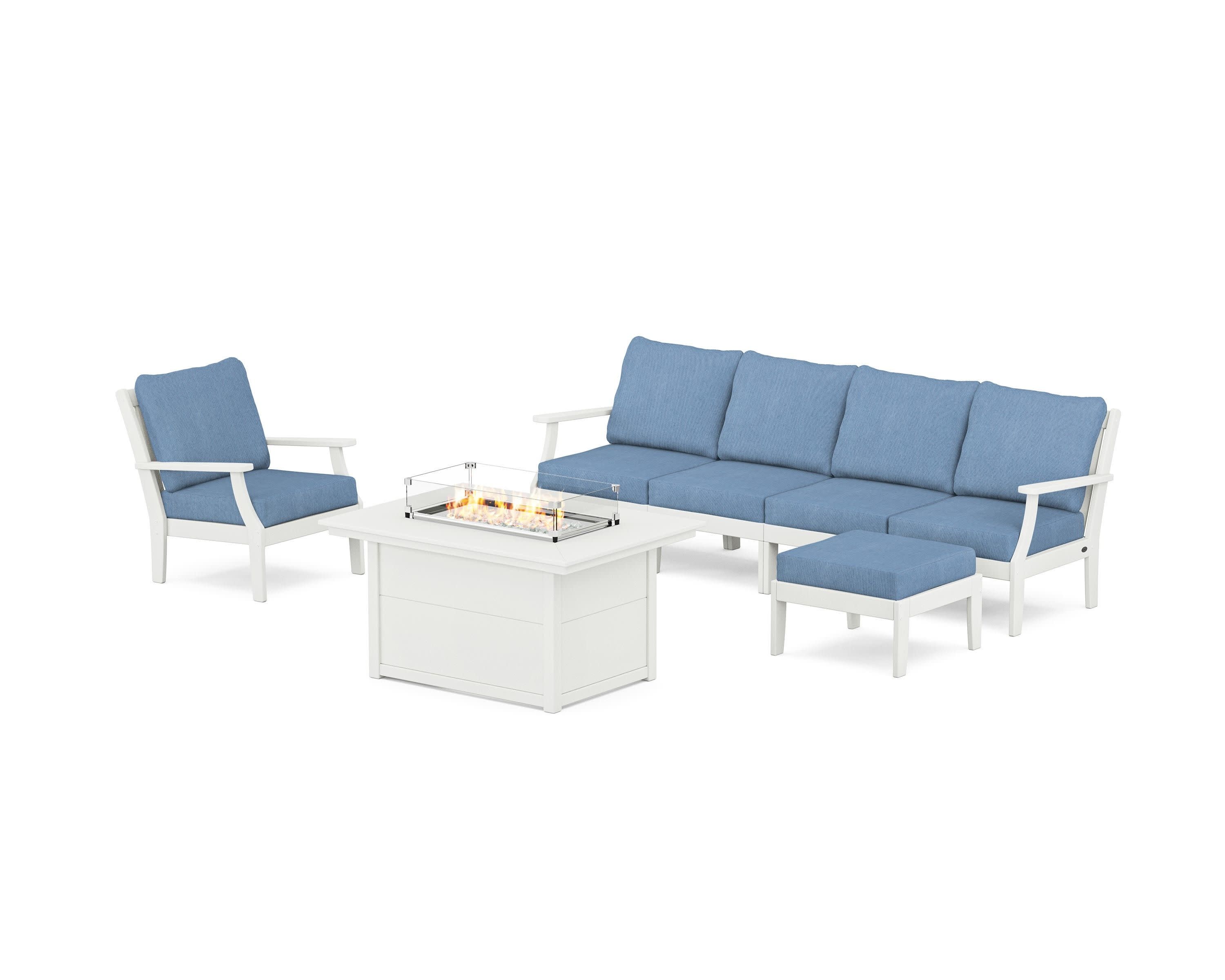 Braxton Sectional Lounge and Fire Pit Set in Vintage White / Sky Blue