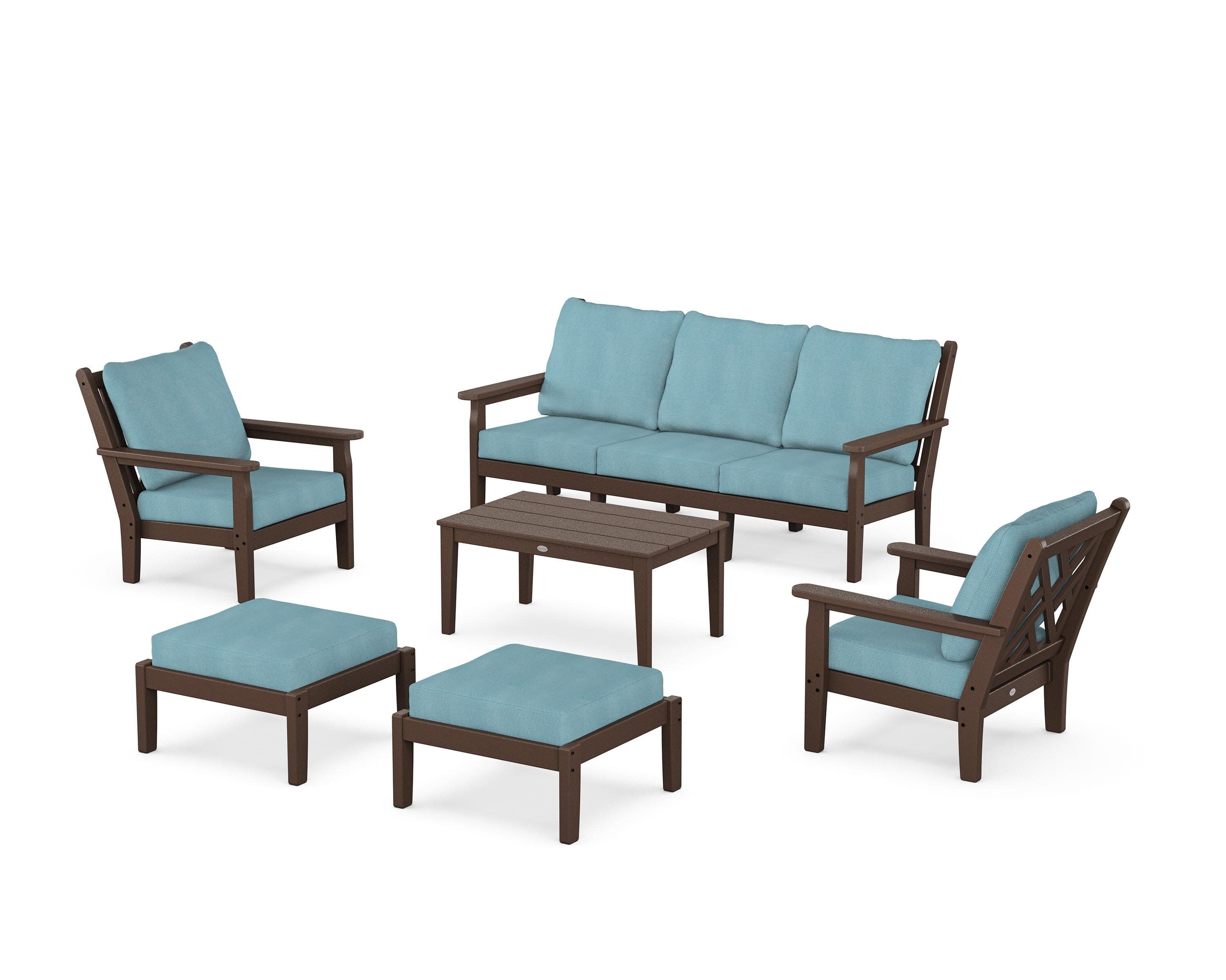 Chippendale 6-Piece Lounge Sofa Set in Mahogany / Lattice Sky Blue
