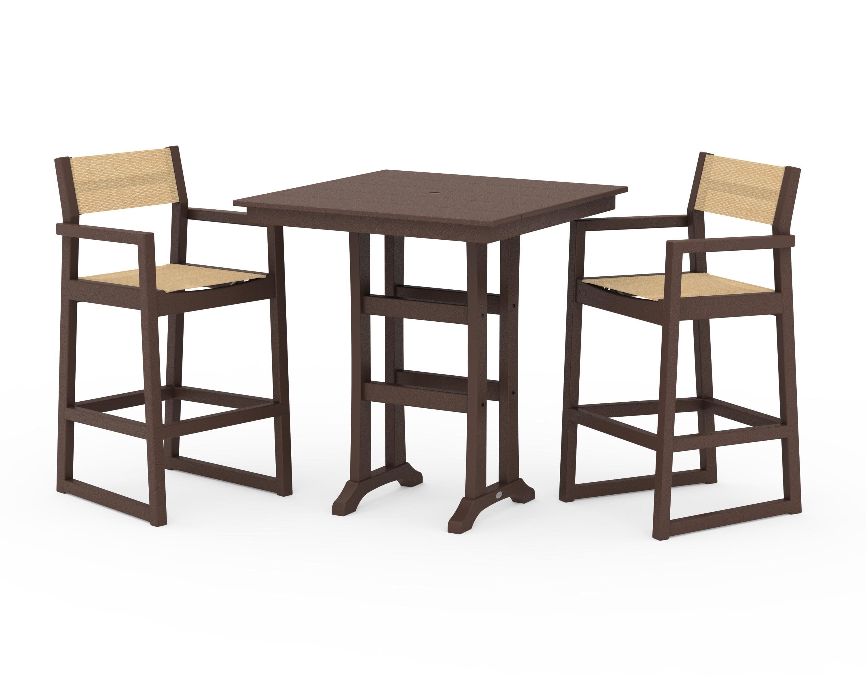 EDGE Sling Arm Chair 3-Piece Farmhouse Bar Set with Trestle Legs in Mahogany / Dupioni Apricot Sling