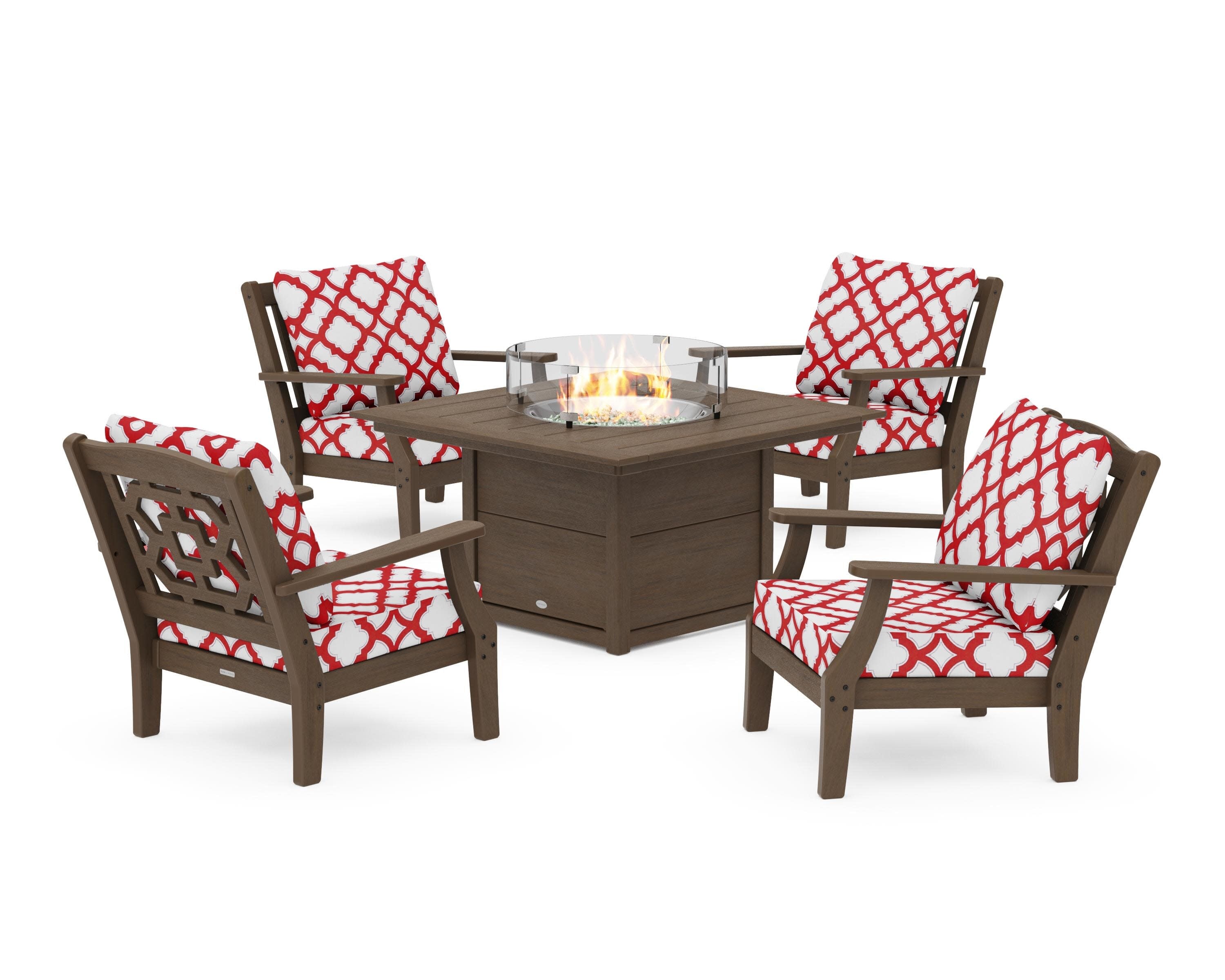 Chinoiserie 5-Piece Deep Seating Set with Fire Pit Table in Kona / Trellis Crimson