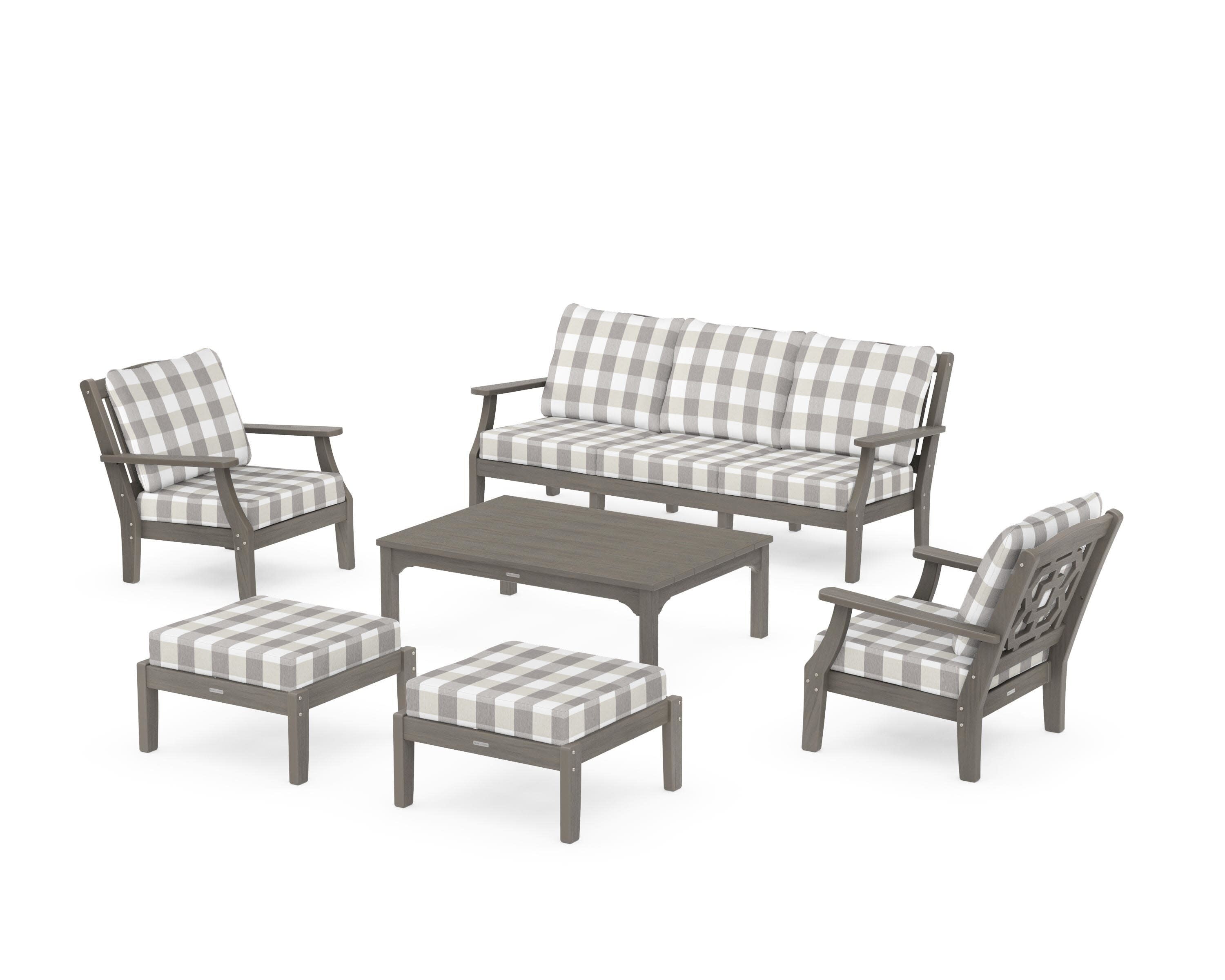 Chinoiserie 6-Piece Lounge Sofa Set in Driftwood / Buffalo Plaid Grey Mist