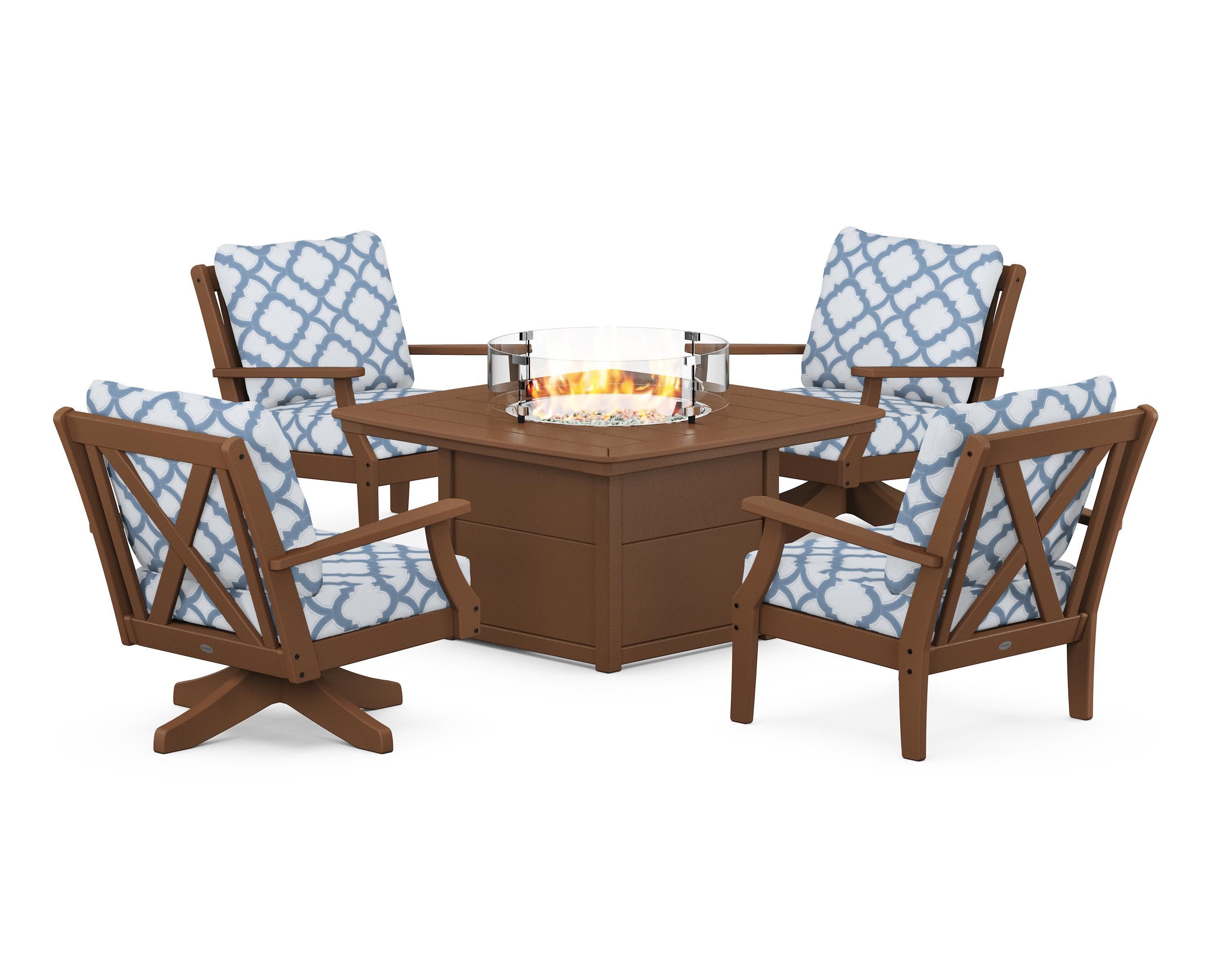 Braxton 5-Piece Deep Seating Set with Fire Table in Teak / Trellis Sky Blue